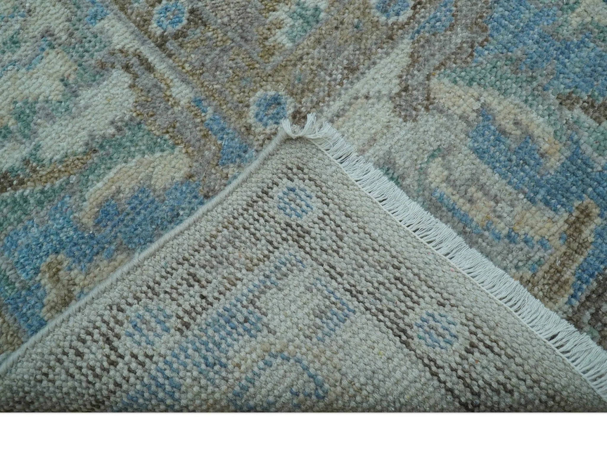 Custom Made Hand Knotted Ivory and Blue Traditional Turkish Afghan Wool Rug - Image 6