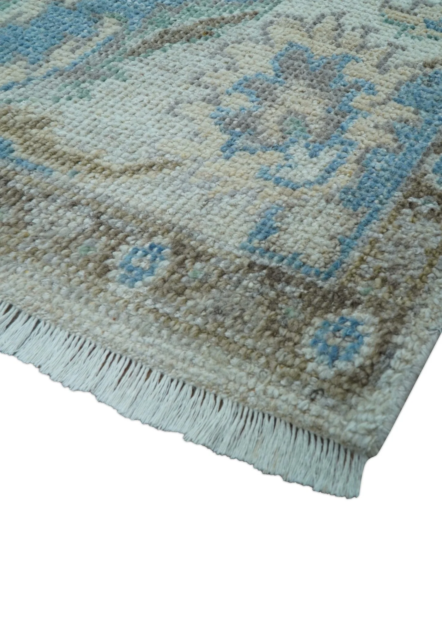 Custom Made Hand Knotted Ivory and Blue Traditional Turkish Afghan Wool Rug - Image 8