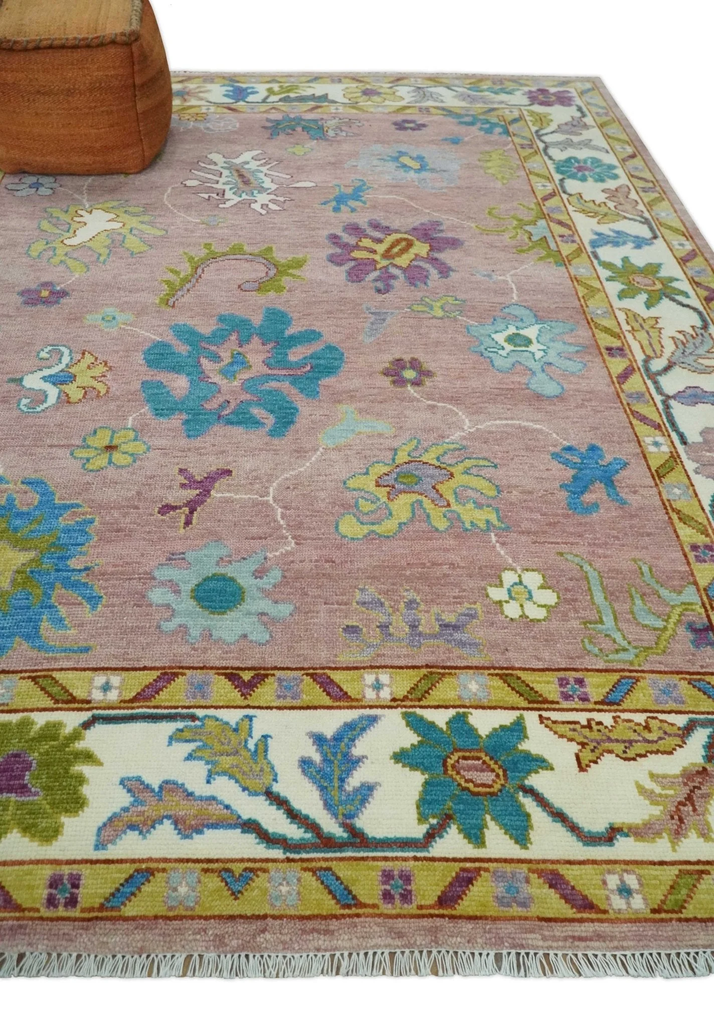 Custom Made Hand Knotted Pink and Ivory Colorful Oushak Rug - Image 10