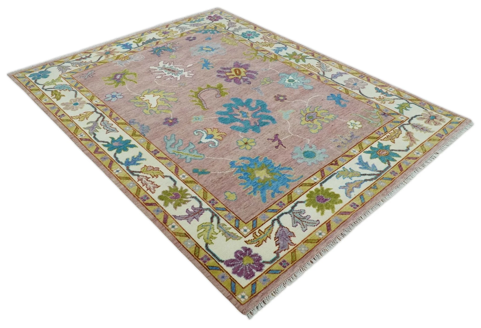 Custom Made Hand Knotted Pink and Ivory Colorful Oushak Rug - Image 3