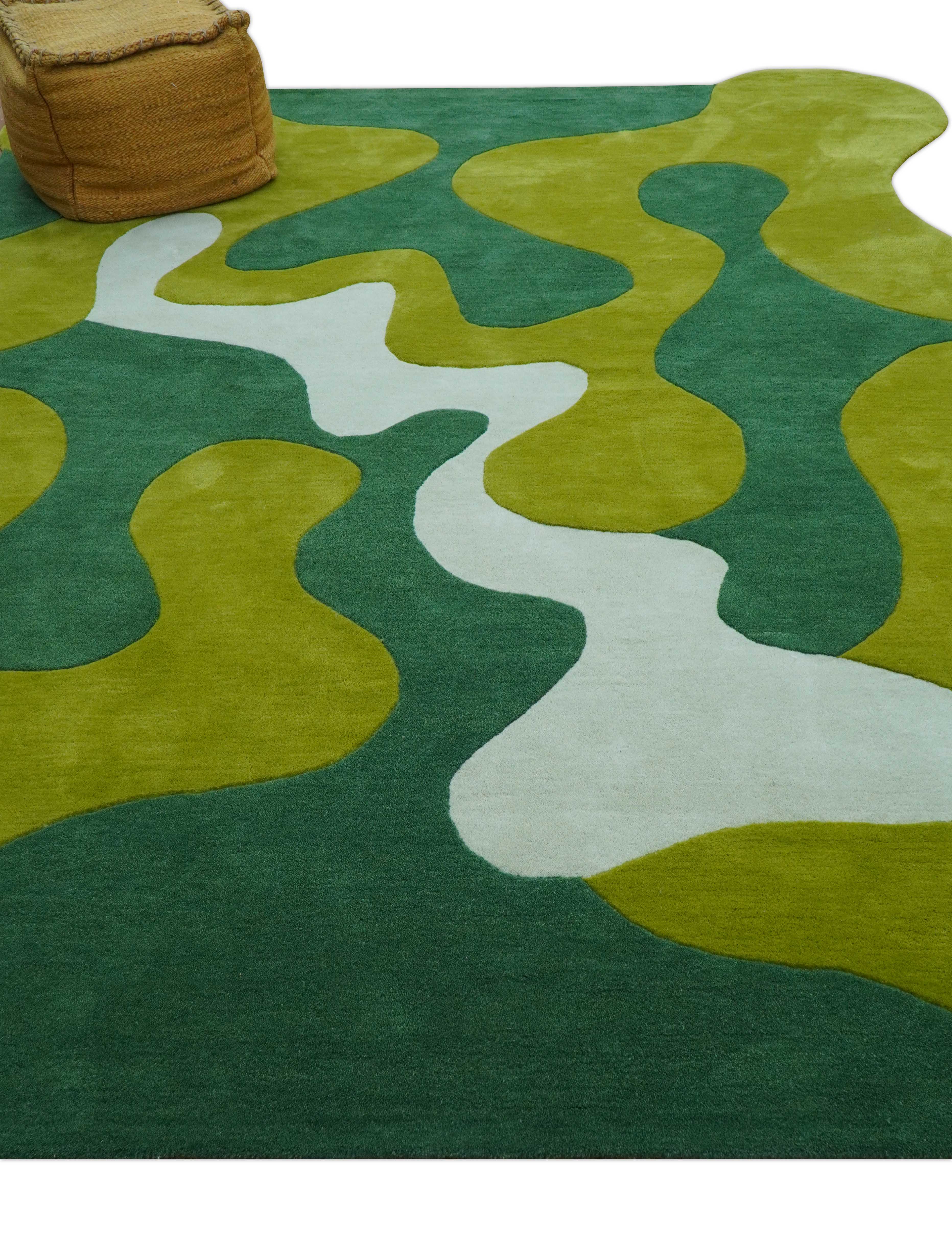 Custom Made Hand Tufted Green Modern Abstract Design Wool shape Rug - Image 3