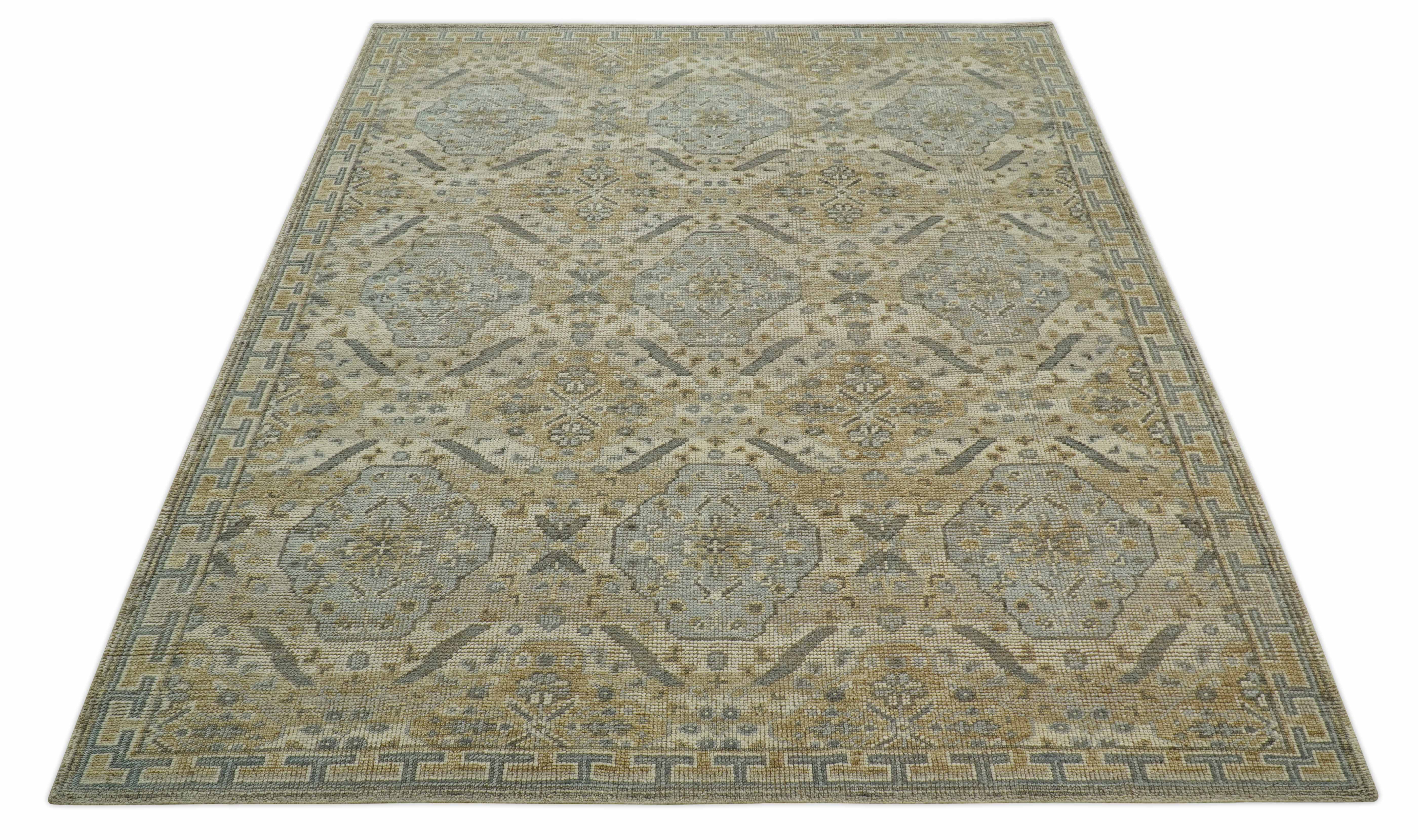 Custom Made Ivory, Brown and Blue Traditional Hand Knotted Wool Area Rug - Image 10