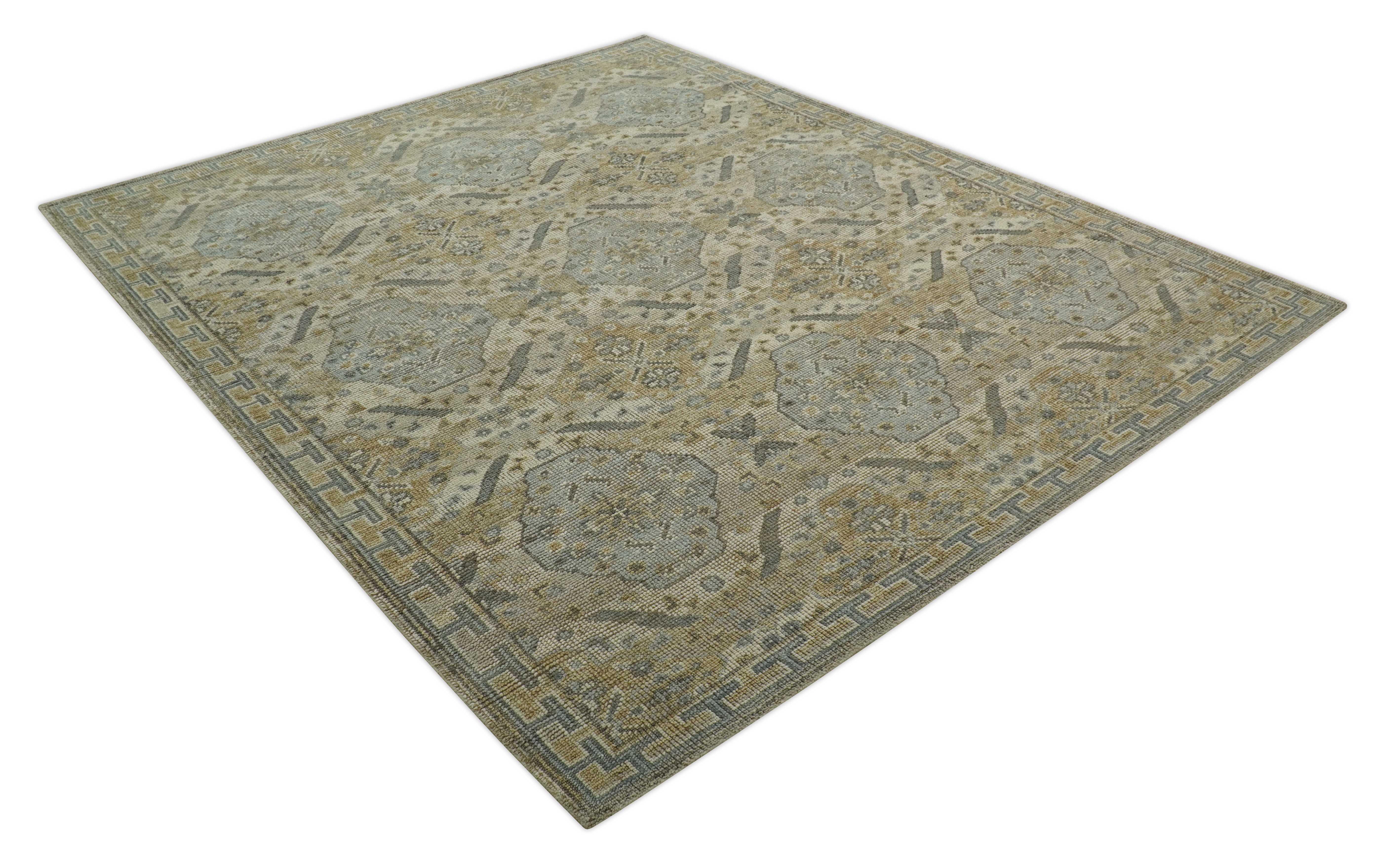 Custom Made Ivory, Brown and Blue Traditional Hand Knotted Wool Area Rug - Image 11