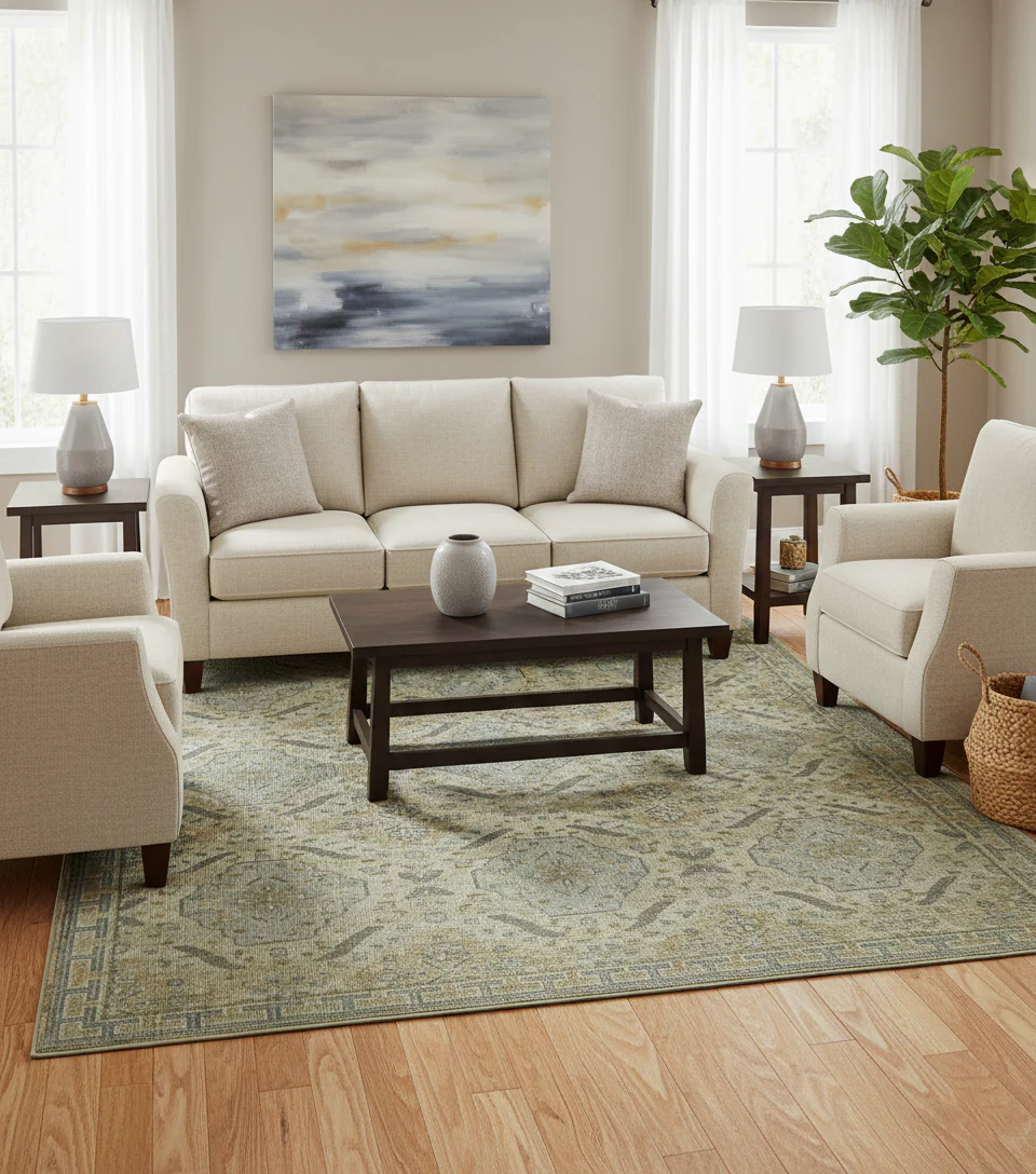 Custom Made Ivory, Brown and Blue Traditional Hand Knotted Wool Area Rug - Image 2