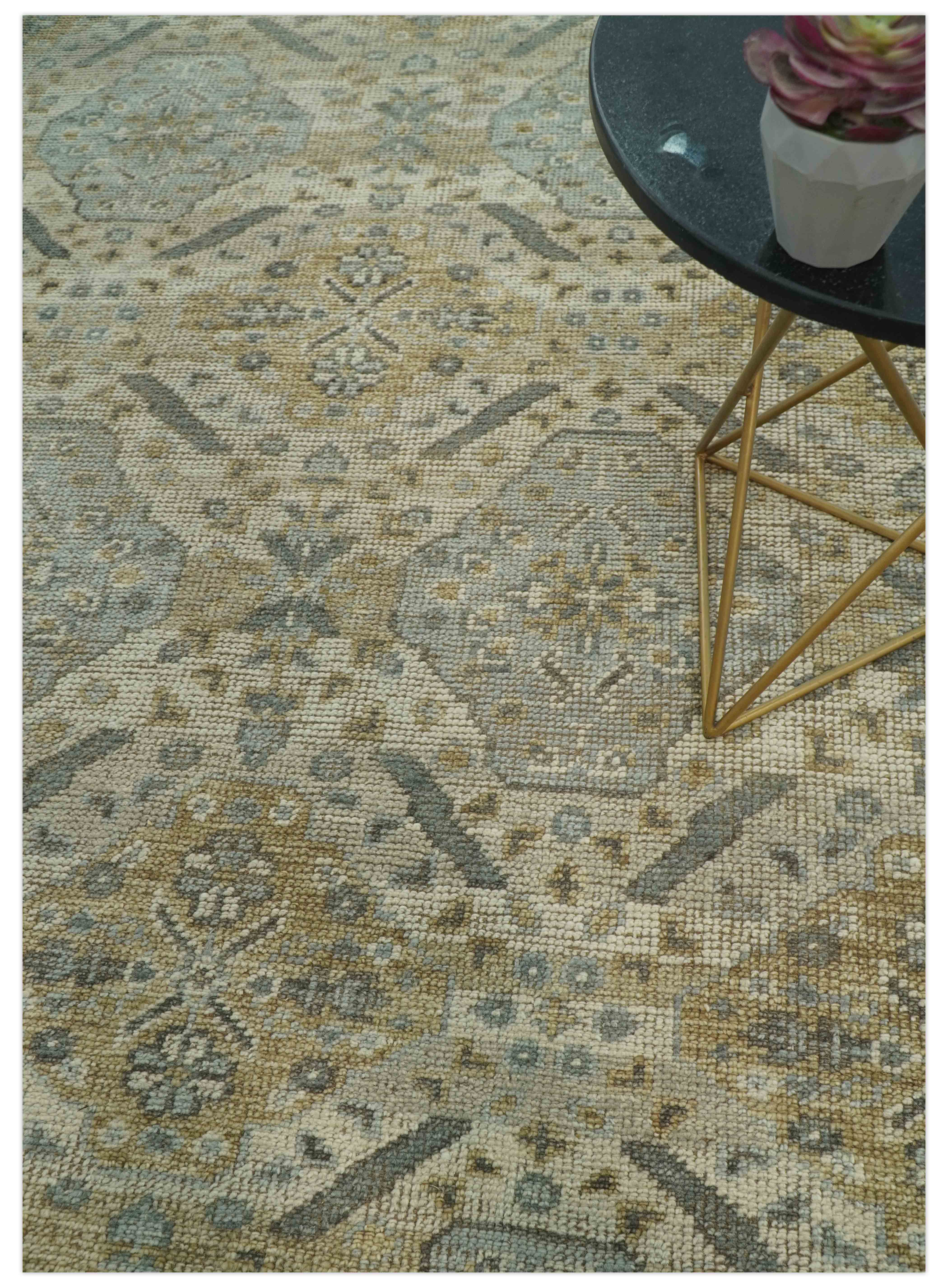 Custom Made Ivory, Brown and Blue Traditional Hand Knotted Wool Area Rug - Image 3