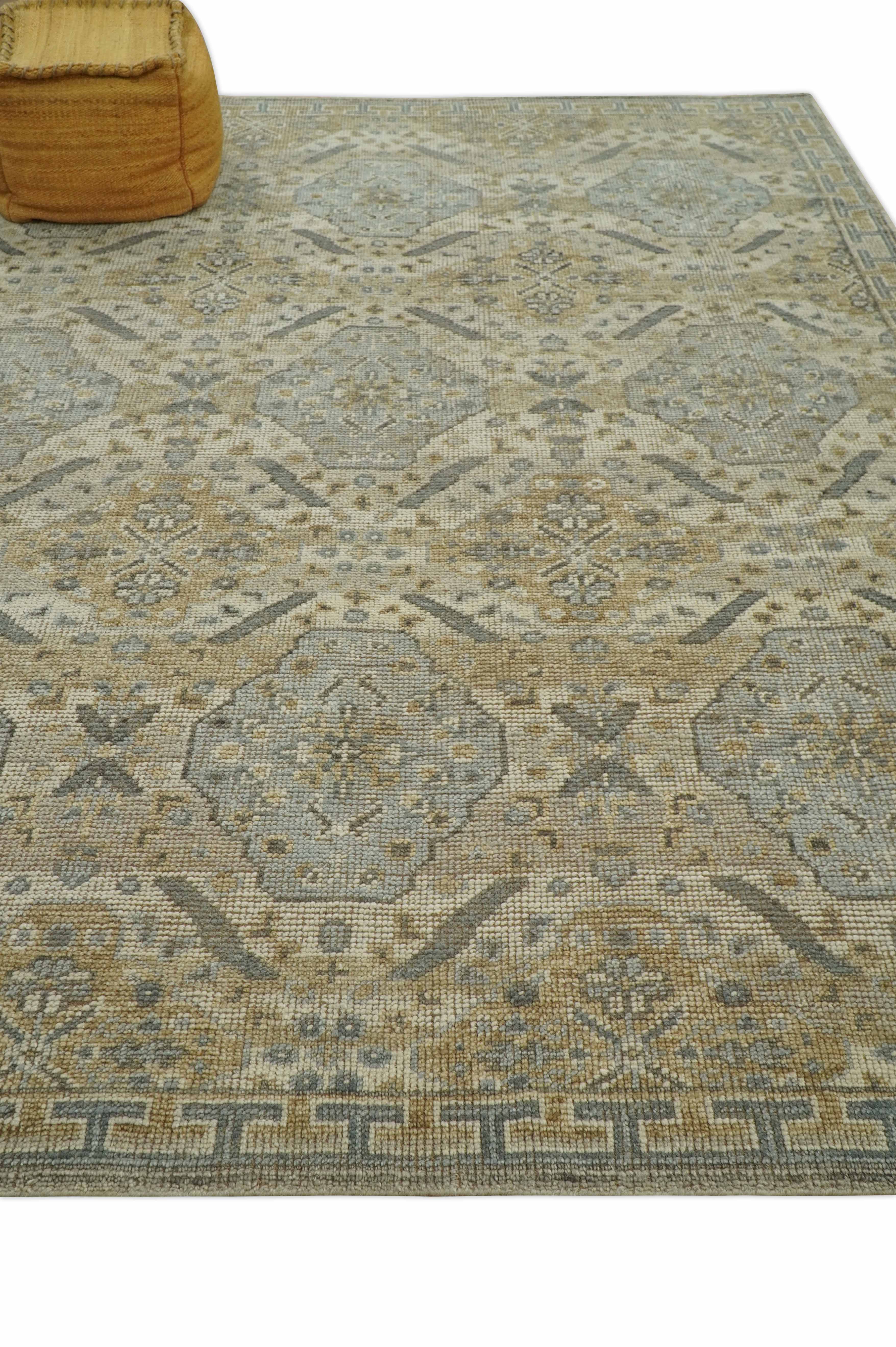 Custom Made Ivory, Brown and Blue Traditional Hand Knotted Wool Area Rug - Image 4