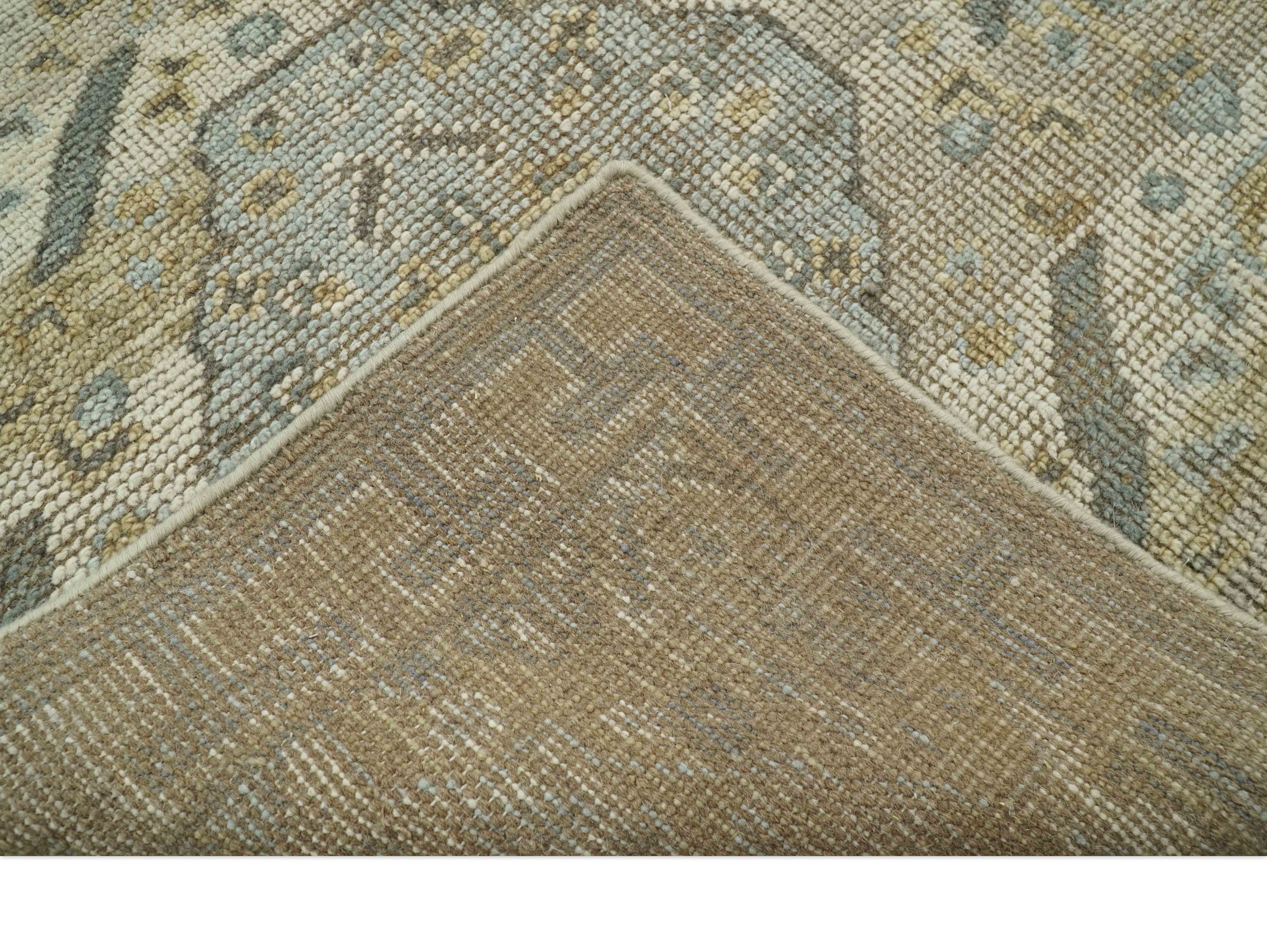 Custom Made Ivory, Brown and Blue Traditional Hand Knotted Wool Area Rug - Image 5