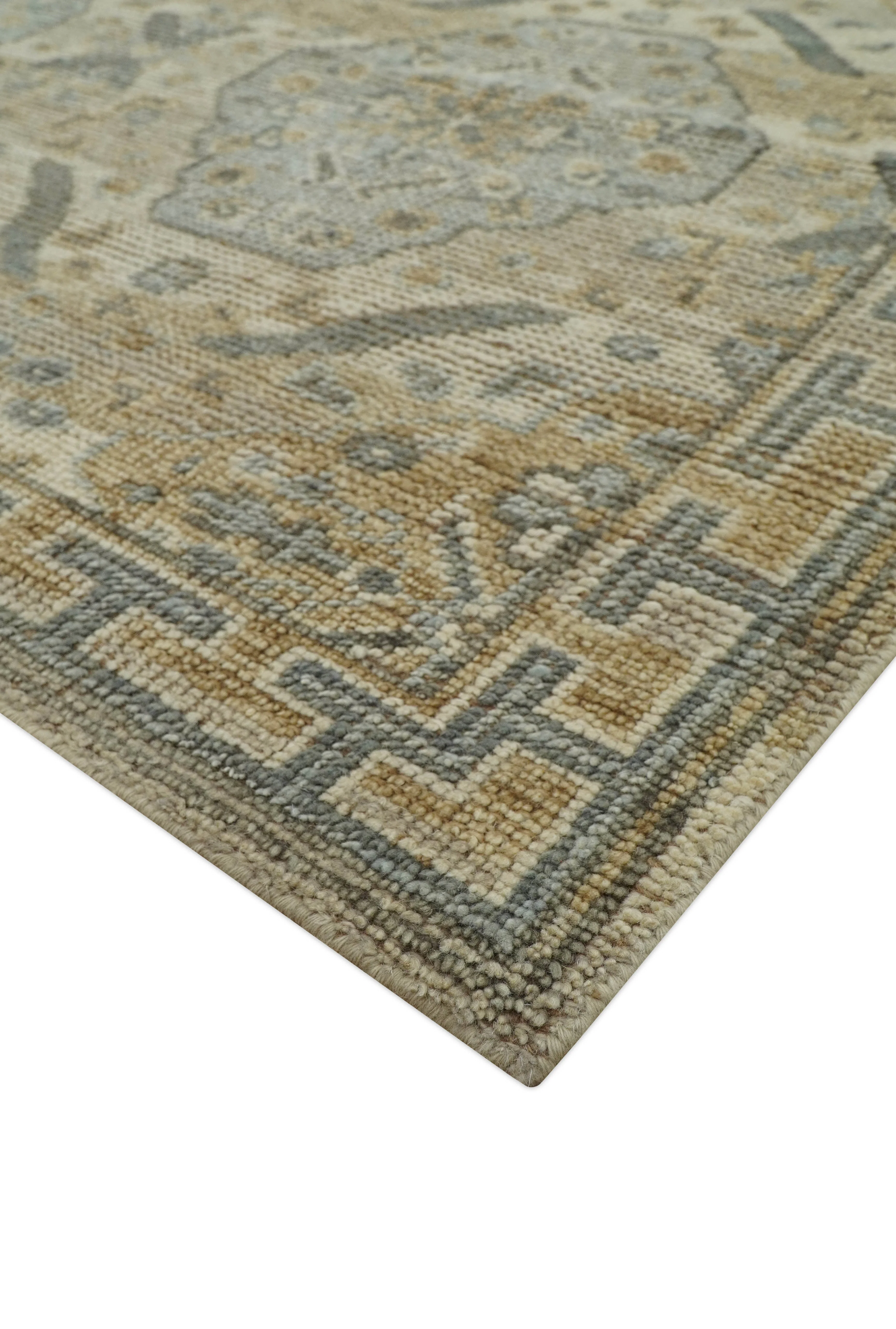 Custom Made Ivory, Brown and Blue Traditional Hand Knotted Wool Area Rug - Image 6