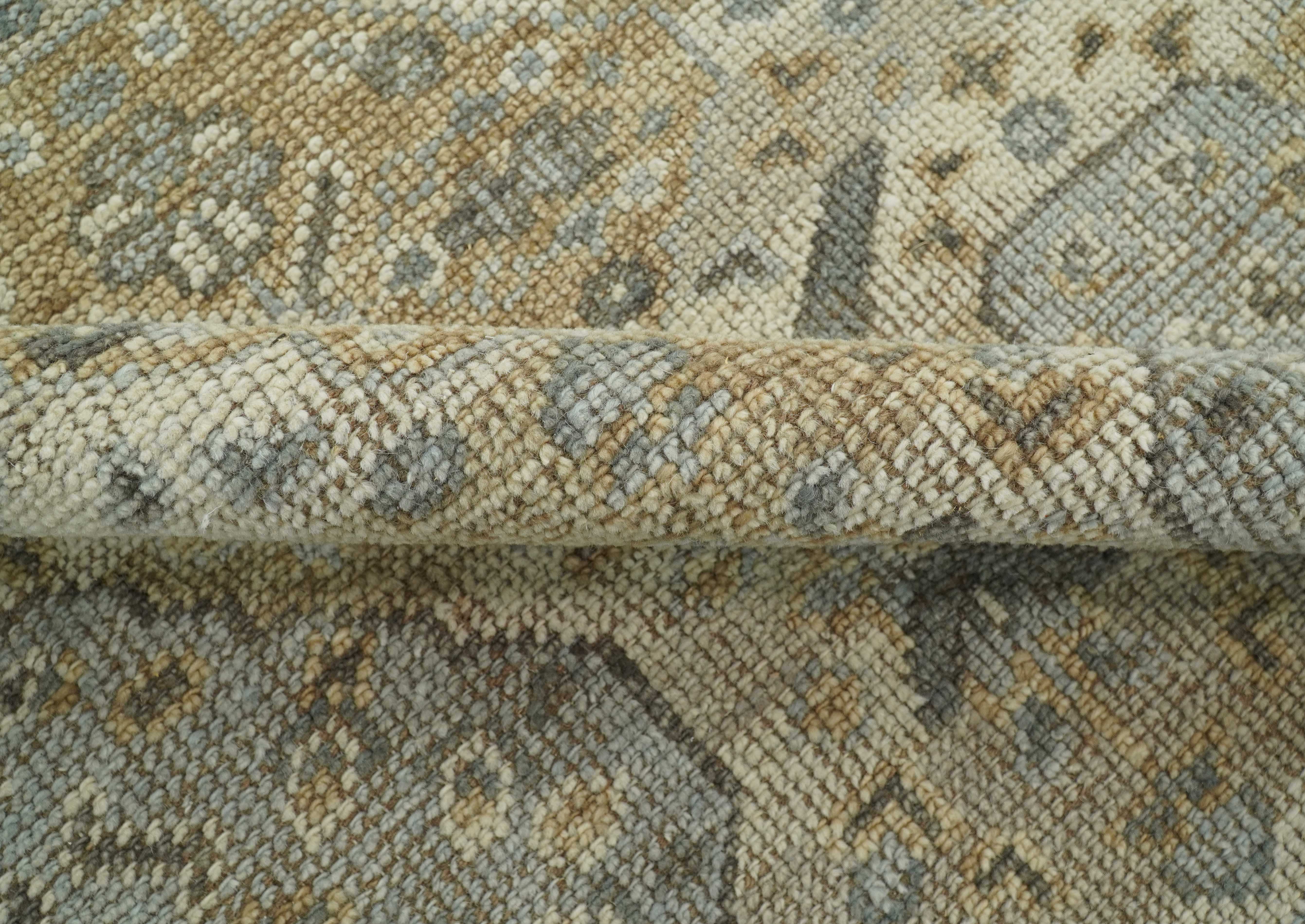 Custom Made Ivory, Brown and Blue Traditional Hand Knotted Wool Area Rug - Image 9