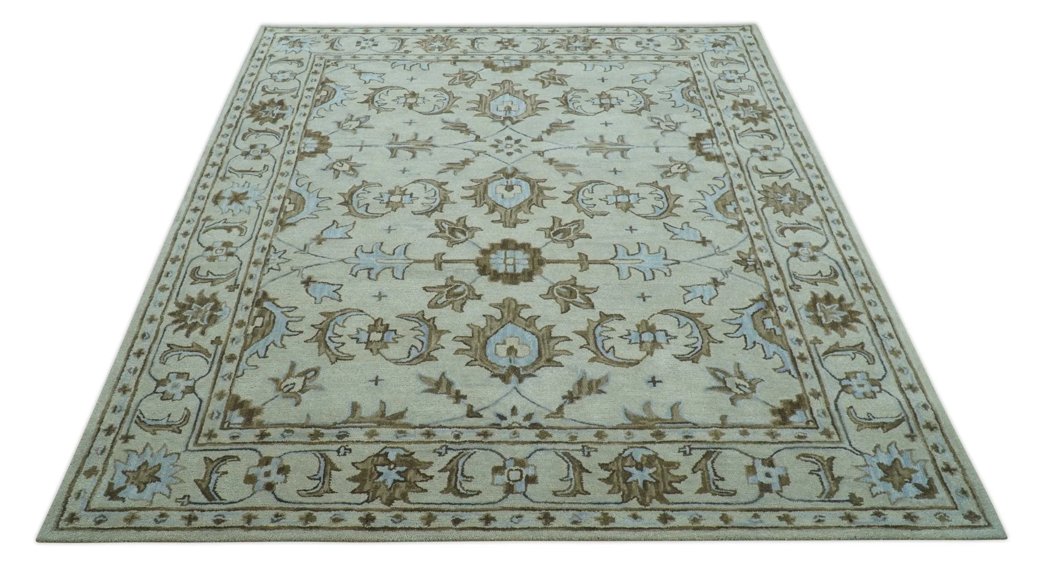 Custom Made Ivory, Taupe and Aqua Traditional Hand Tufted wool area rug - Image 10