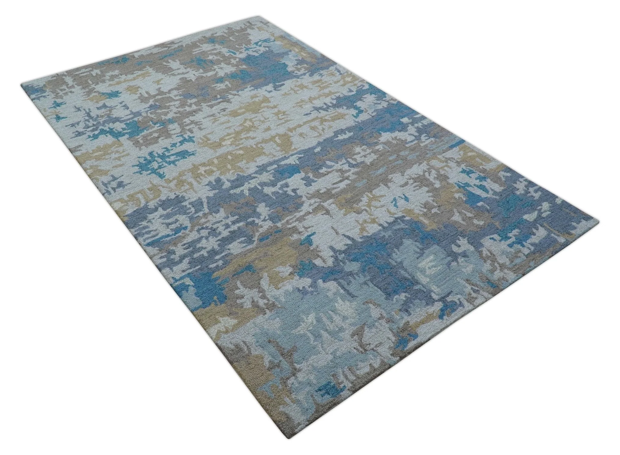 Custom Made Modern Abstract Blue And Beige Hand Tufted Wool Area Rug - Image 10