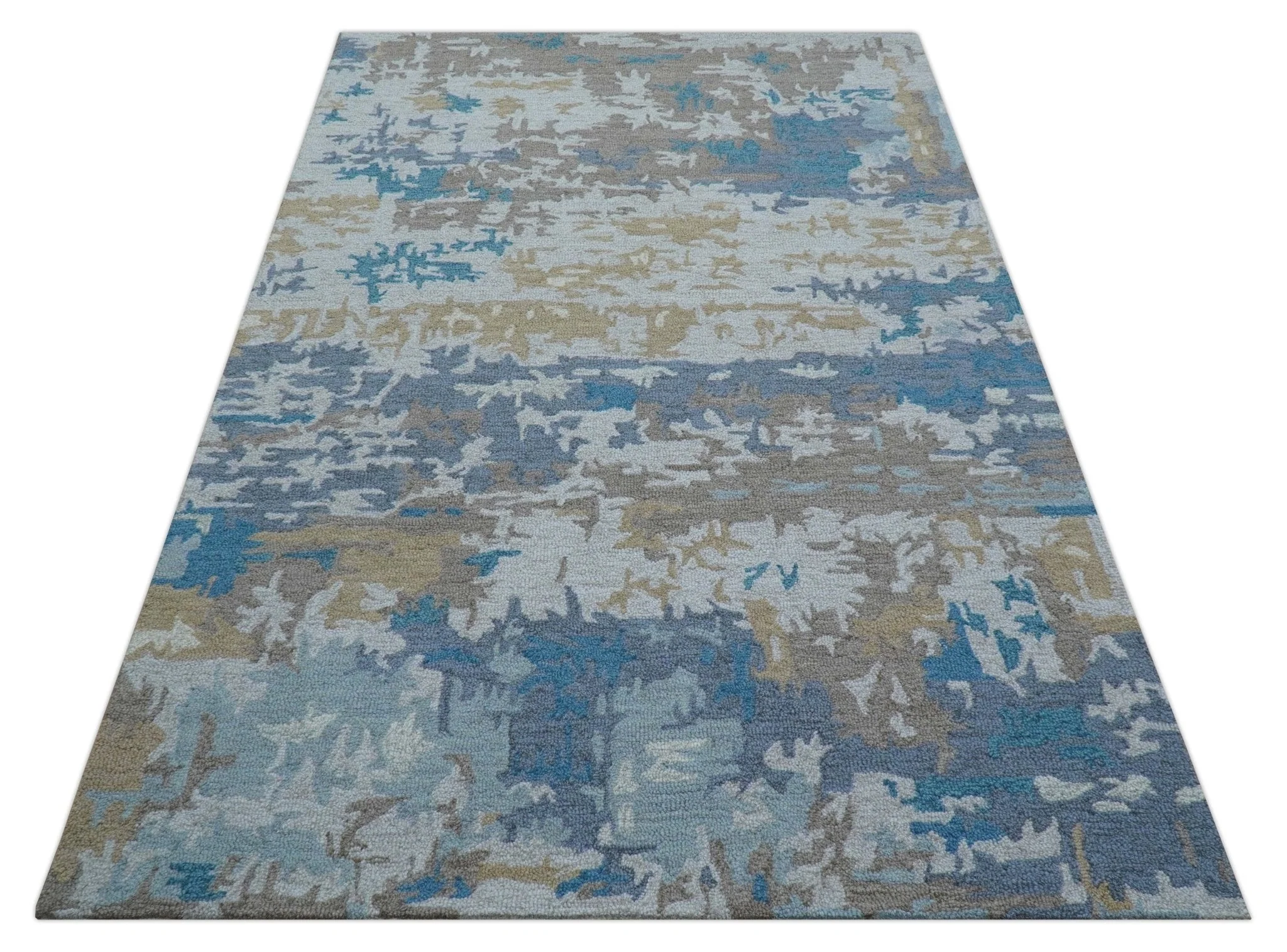 Custom Made Modern Abstract Blue And Beige Hand Tufted Wool Area Rug - Image 11