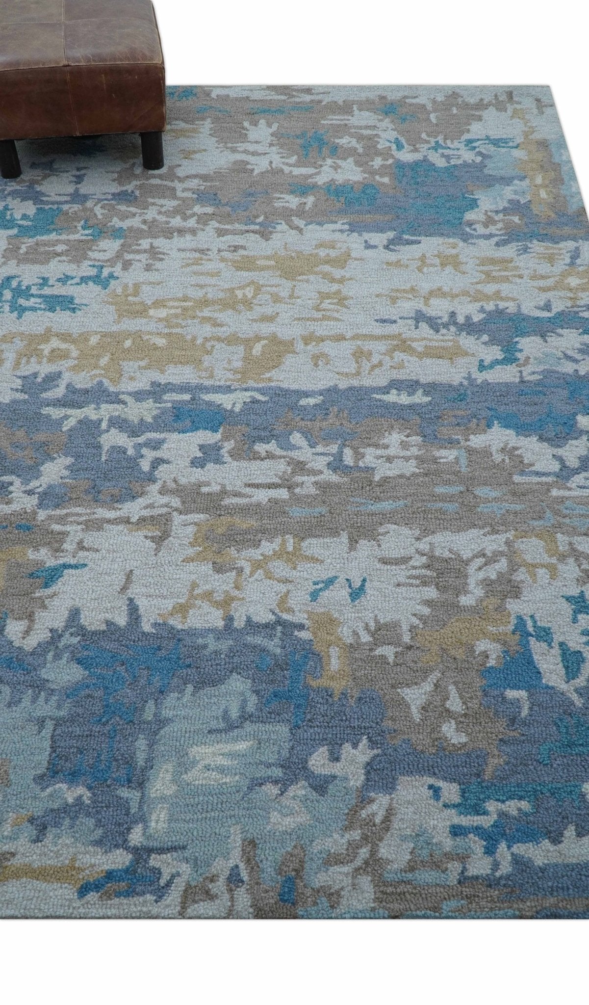 Custom Made Modern Abstract Blue And Beige Hand Tufted Wool Area Rug - Image 4