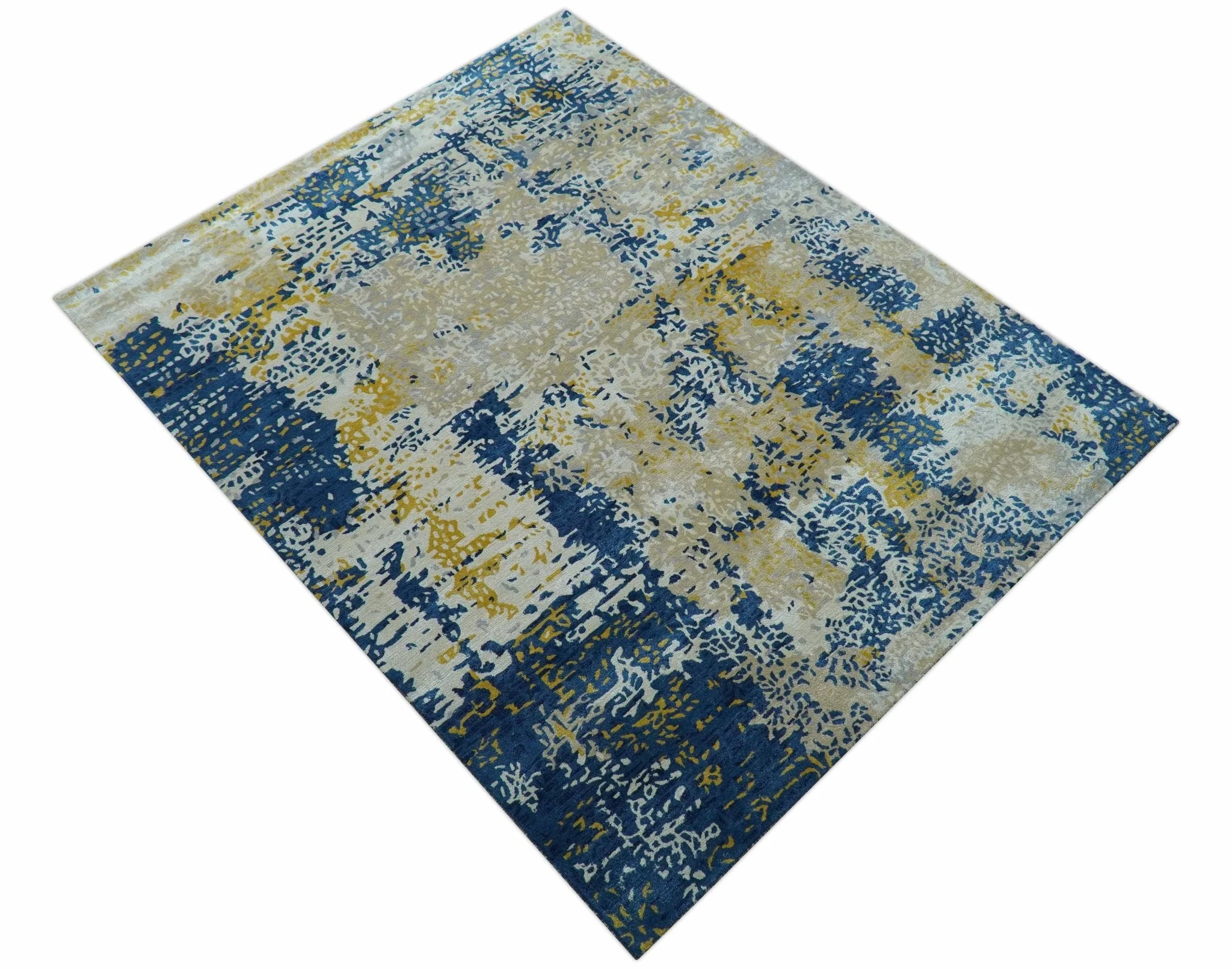 Custom Made Modern Abstract Blue And Beige Hand Tufted Wool-Art Silk Rug - Image 10