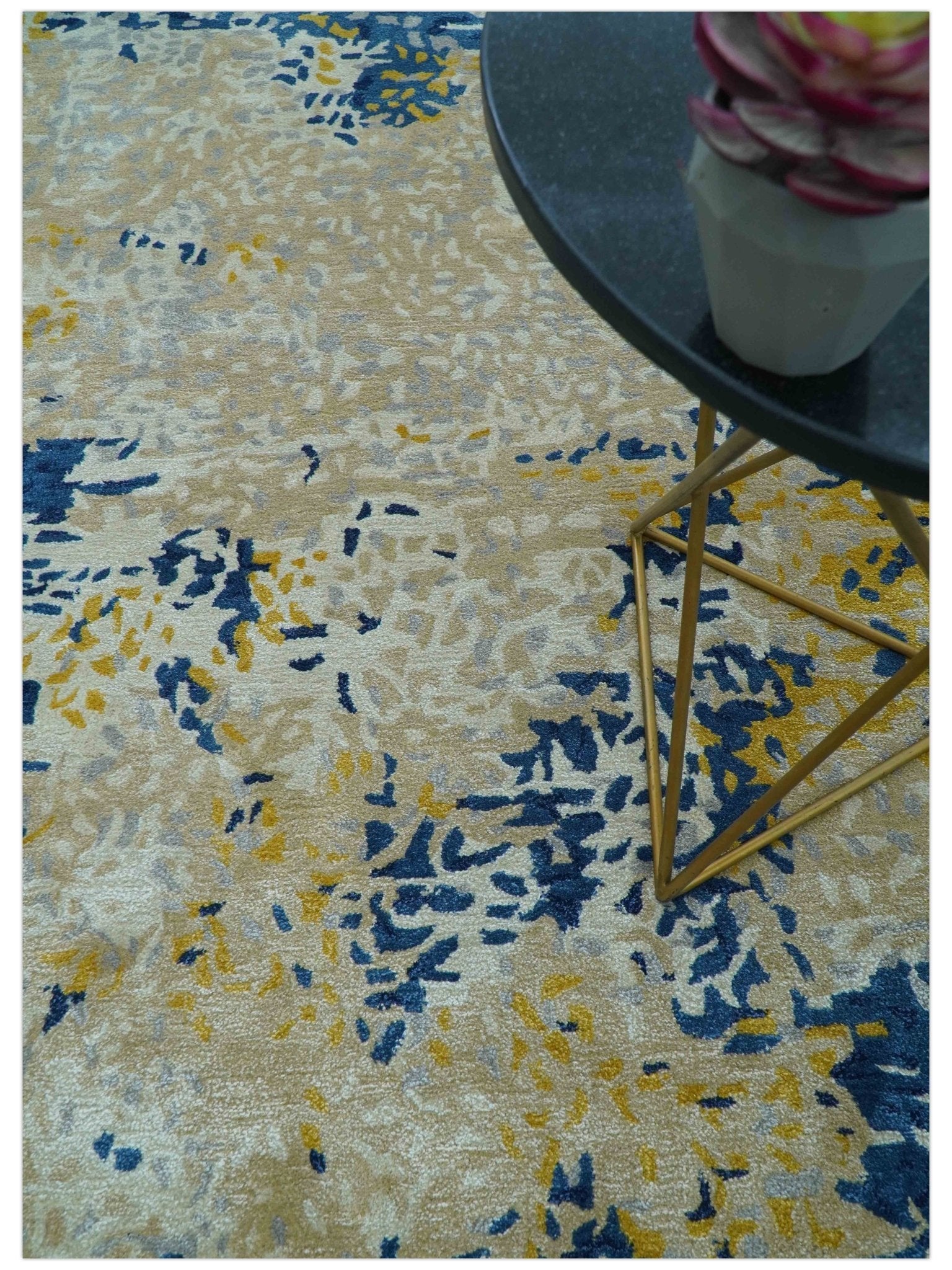 Custom Made Modern Abstract Blue And Beige Hand Tufted Wool-Art Silk Rug - Image 9