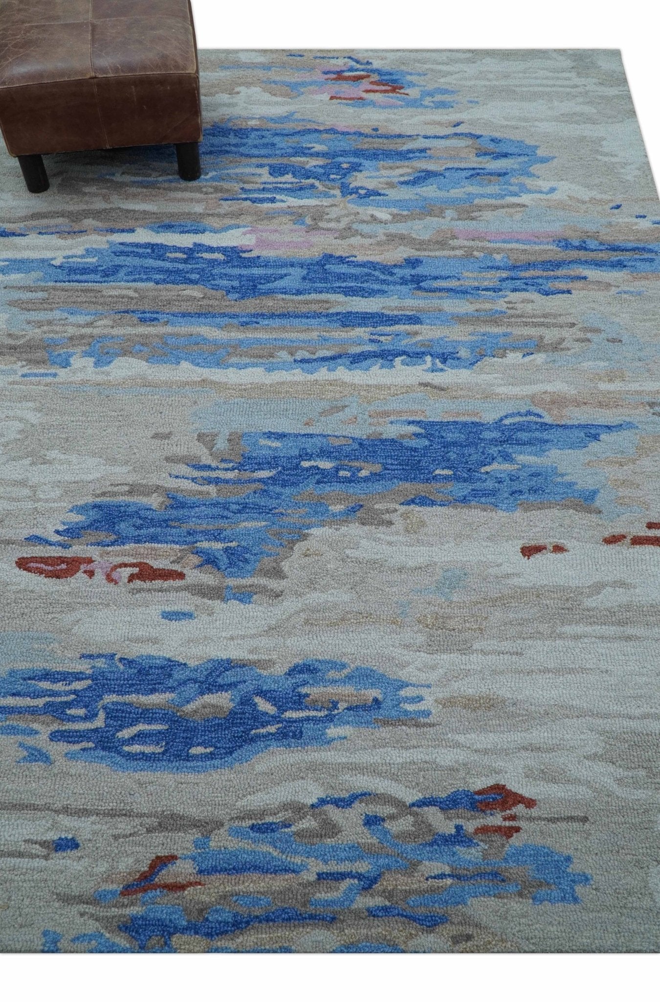 Custom Made Modern Abstract Silver And Blue Hand Tufted Wool  Rug - Image 2