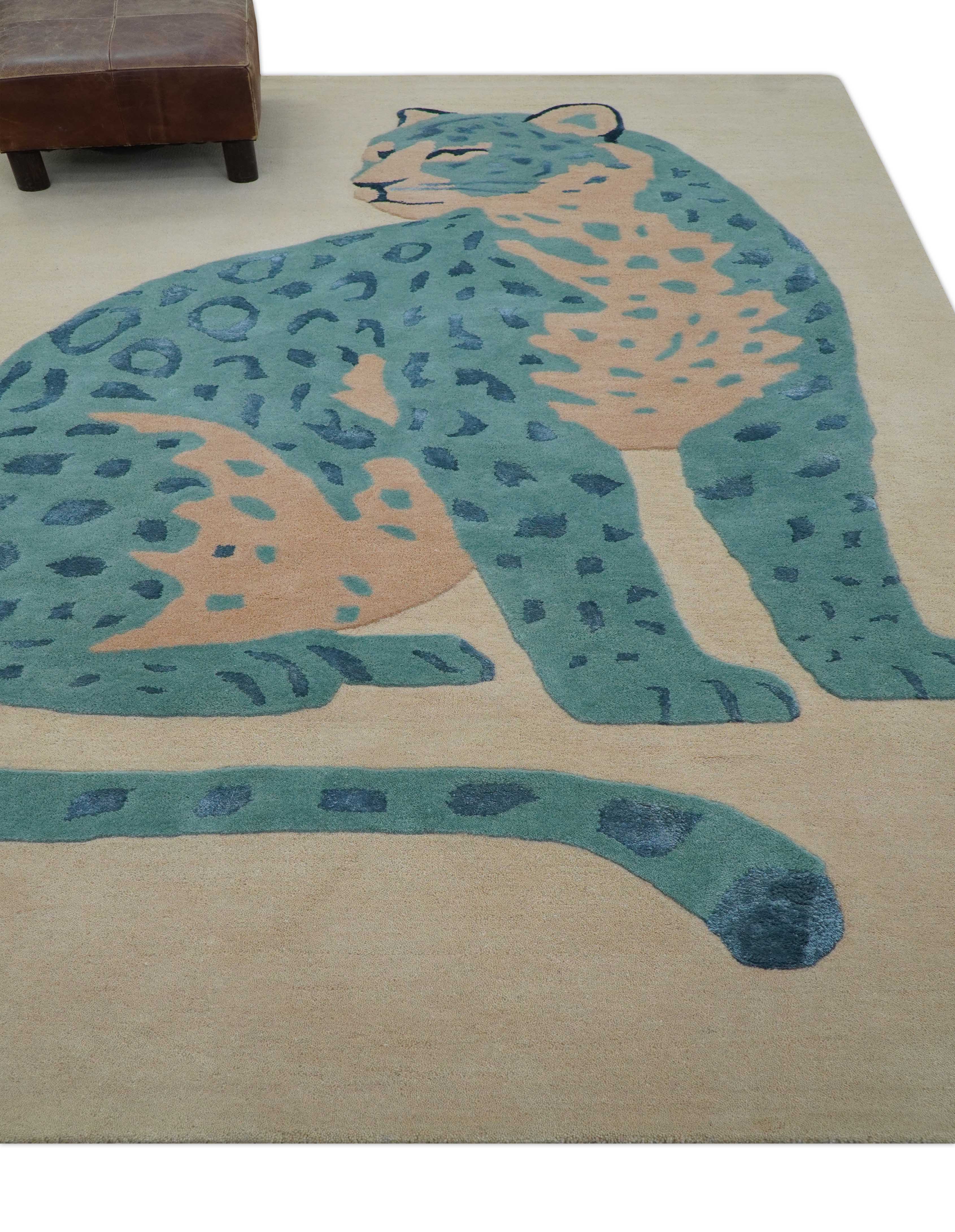 Custom Made Modern Animal Pattern Teal And Beige Hand Tufted Wool Area Rug - Image 11