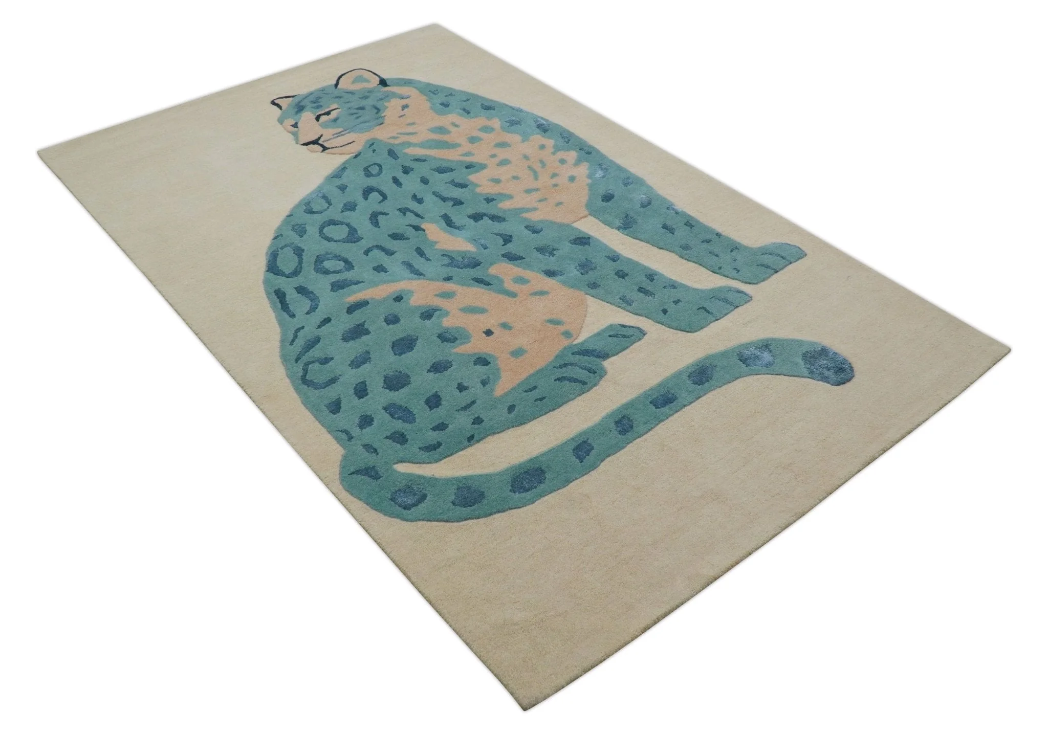 Custom Made Modern Animal Pattern Teal And Beige Hand Tufted Wool Area Rug - Image 3