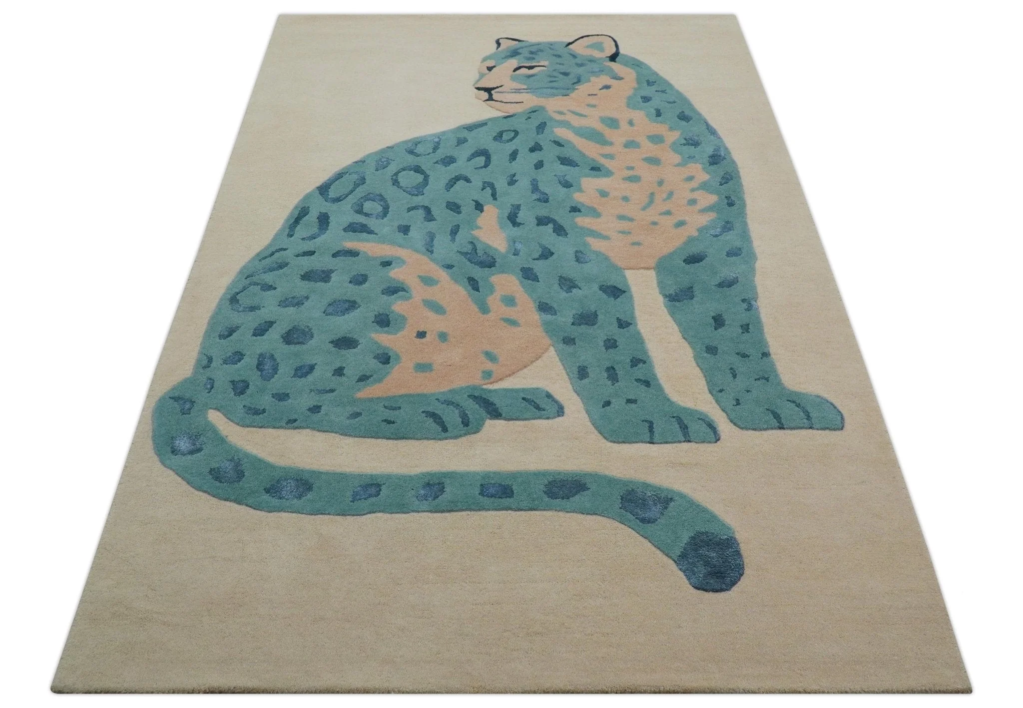 Custom Made Modern Animal Pattern Teal And Beige Hand Tufted Wool Area Rug - Image 4
