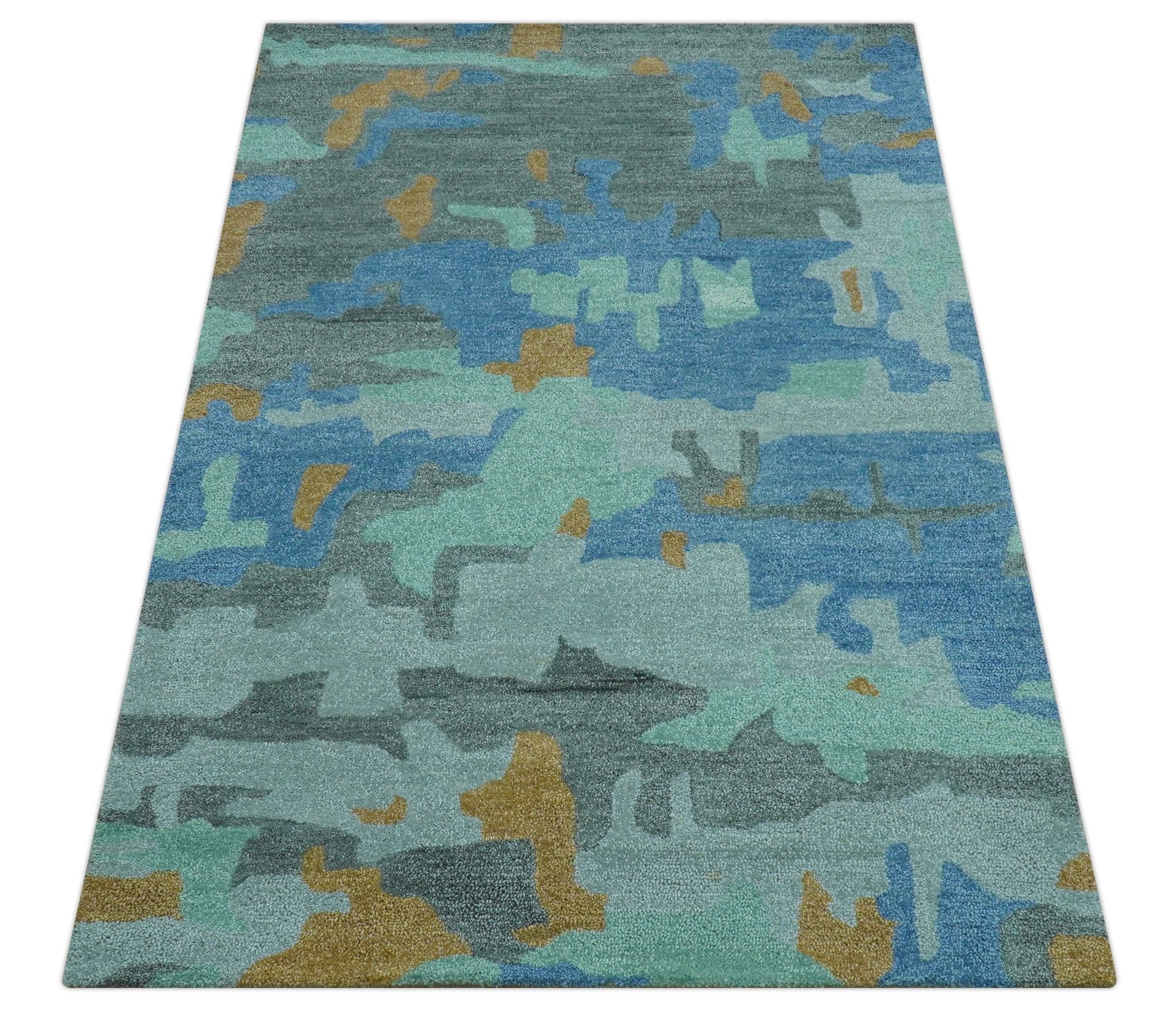 Custom Made Modern Blue Abstract Design Hand Tufted Wool And Viscose Area Rug - Image 10