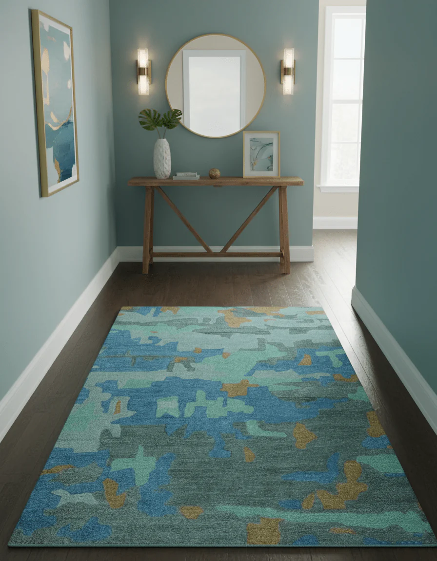 Custom Made Modern Blue Abstract Design Hand Tufted Wool And Viscose Area Rug - Image 2