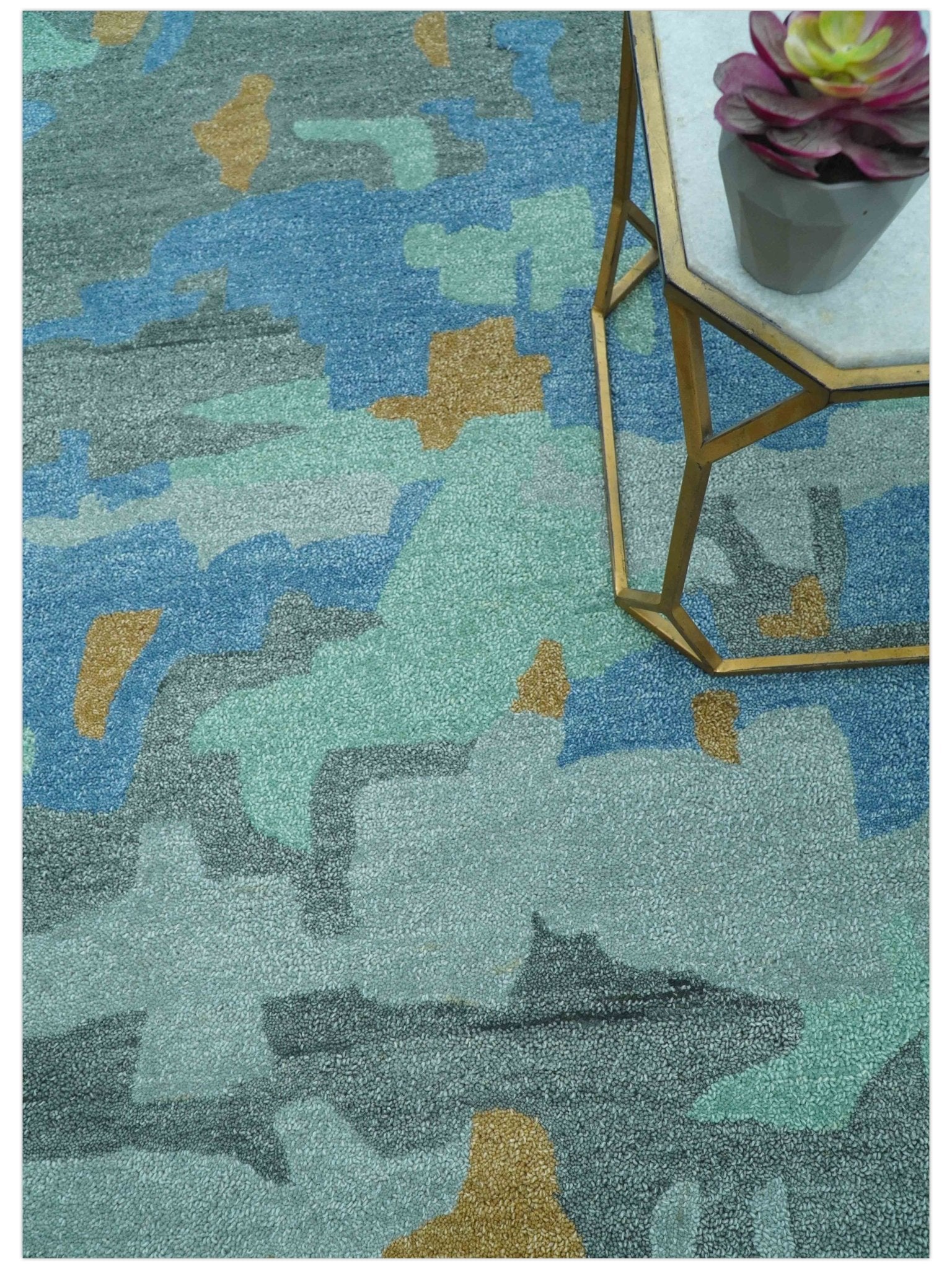 Custom Made Modern Blue Abstract Design Hand Tufted Wool And Viscose Area Rug - Image 3