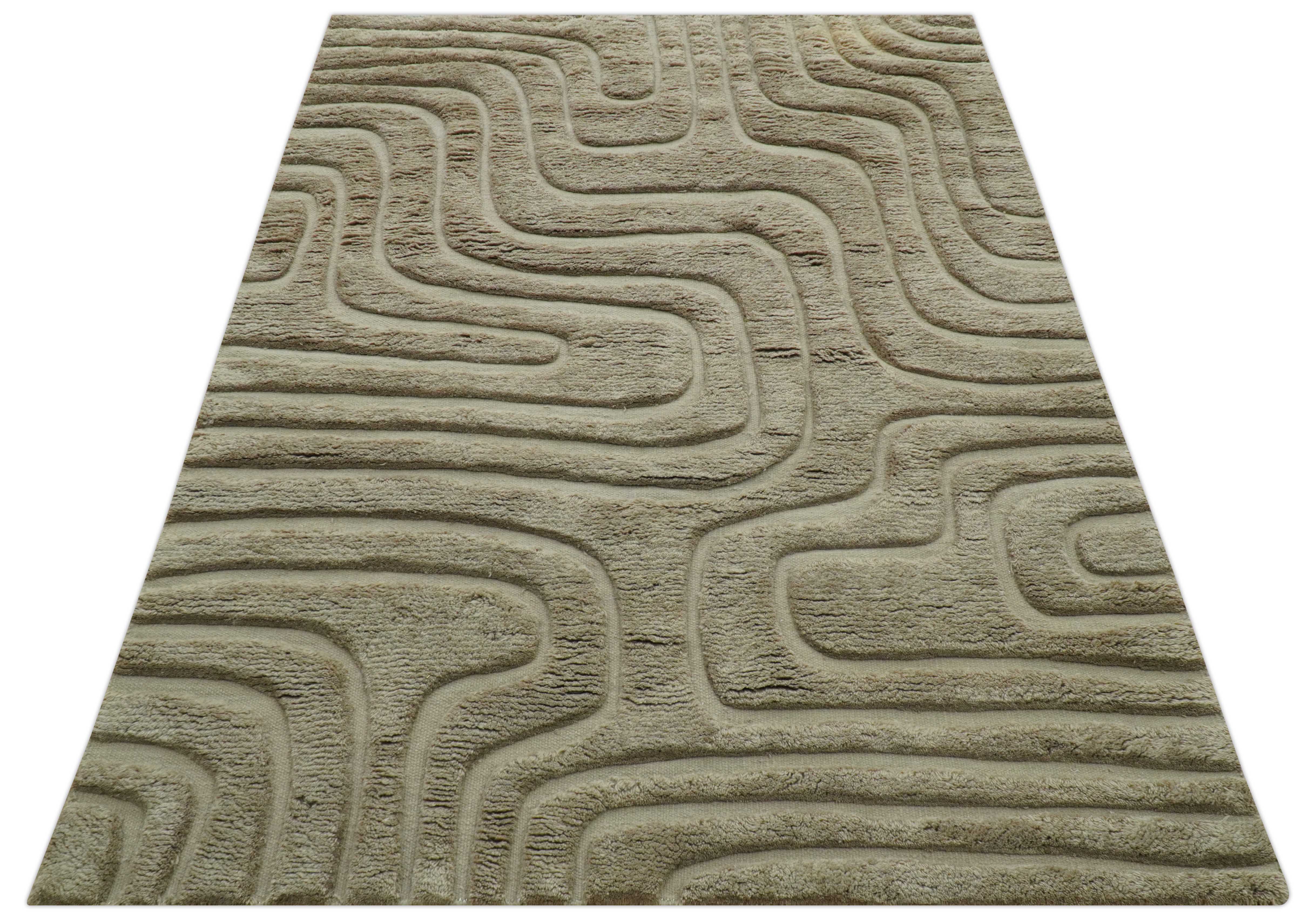 Custom Made Modern Contemporary Beige And Gray Hand Knotted Wool Rug - Image 11