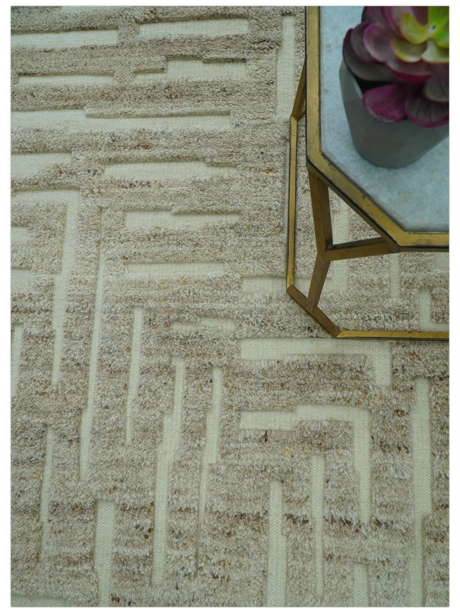 Custom Made Modern Contemporary Beige Hand Knotted Wool Area Rug - Image 3