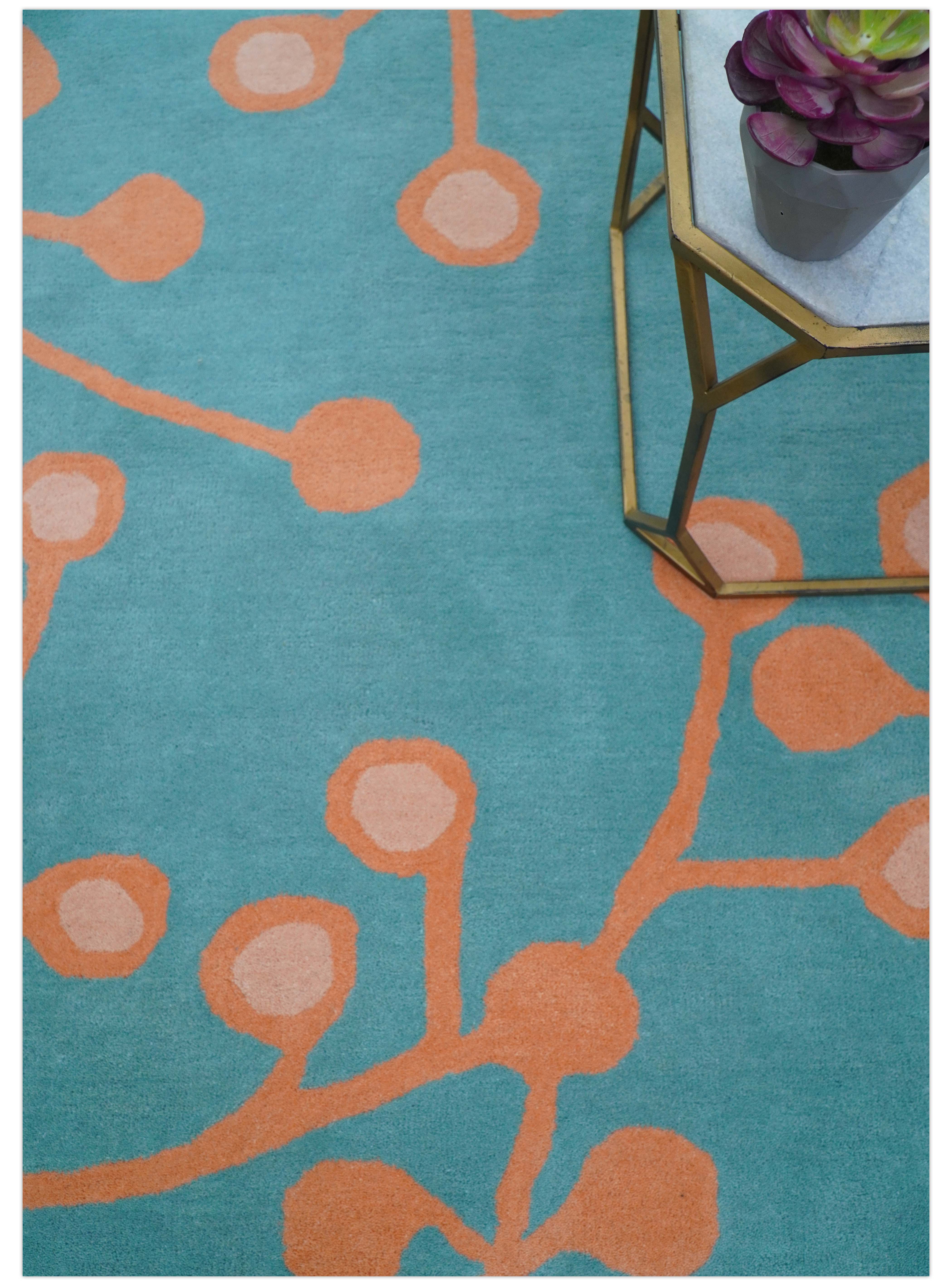Custom Made Modern Floral Design Blue Hand Tufted Wool Area Rug - Image 2