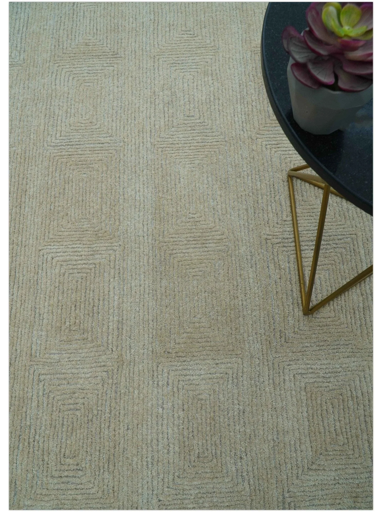Custom Made Modern Geometrical Beige and Silver Hand Tufted Natural Wool Area Rug - Image 3