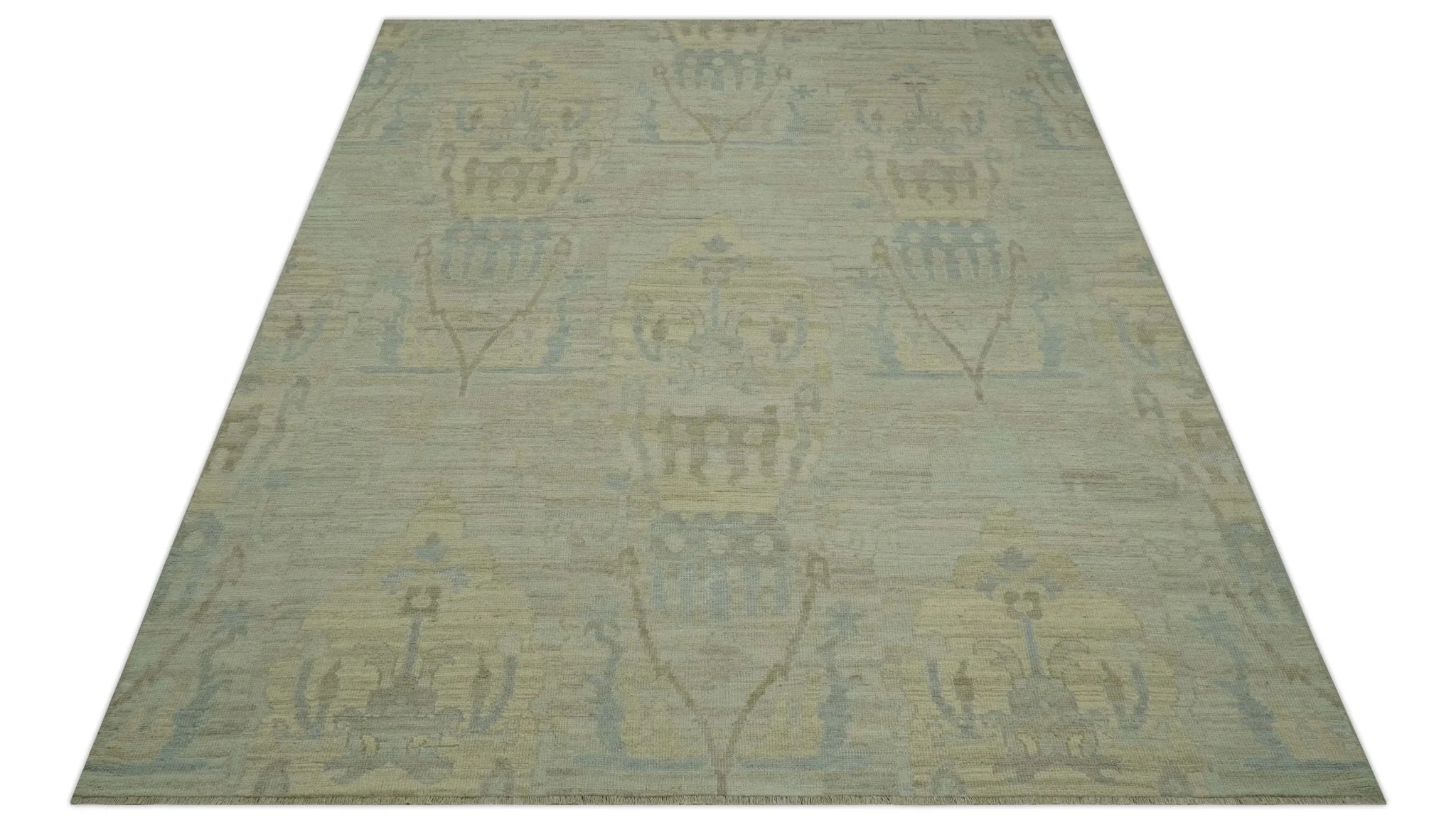 Custom Made Modern Ikat Design Beige And Blue Hand Knotted Wool Area Rug - Image 11