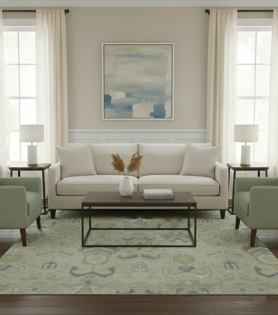 Custom Made Modern Ikat Design Beige And Blue Hand Knotted Wool Area Rug - Image 2