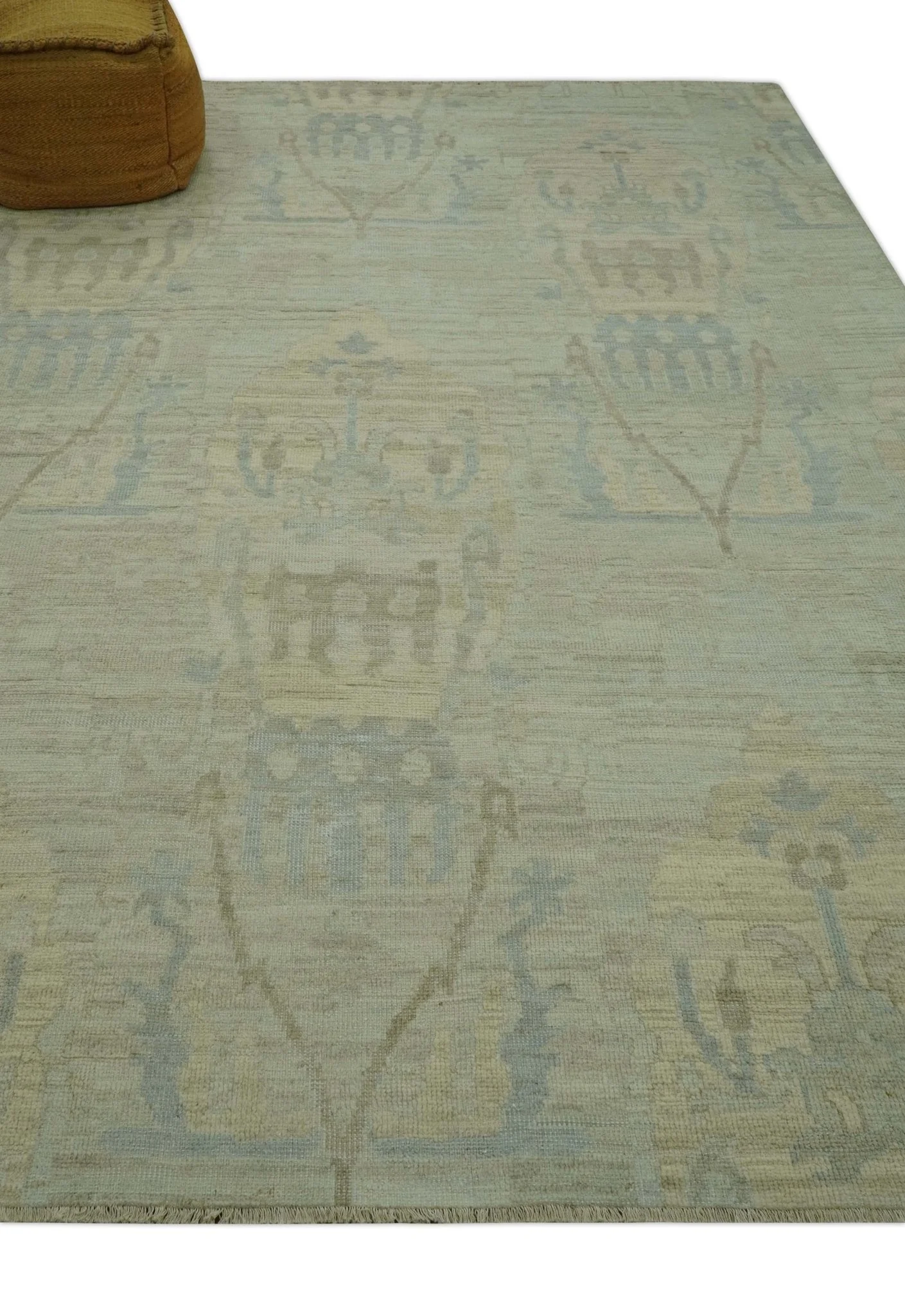 Custom Made Modern Ikat Design Beige And Blue Hand Knotted Wool Area Rug - Image 4