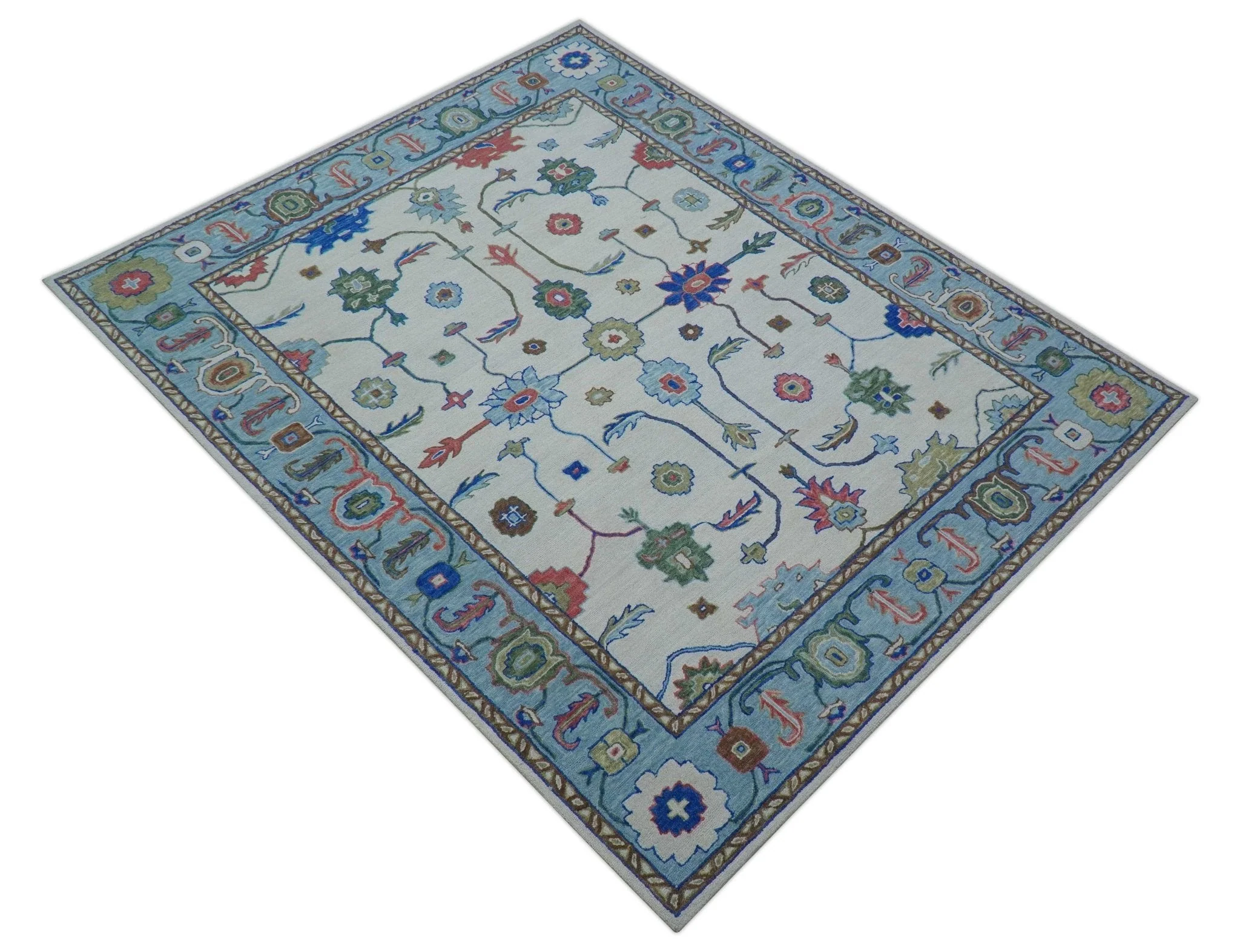 Custom Made Modern Oushak Ivory And Blue Hand Tufted Wool Area Rug - Image 10