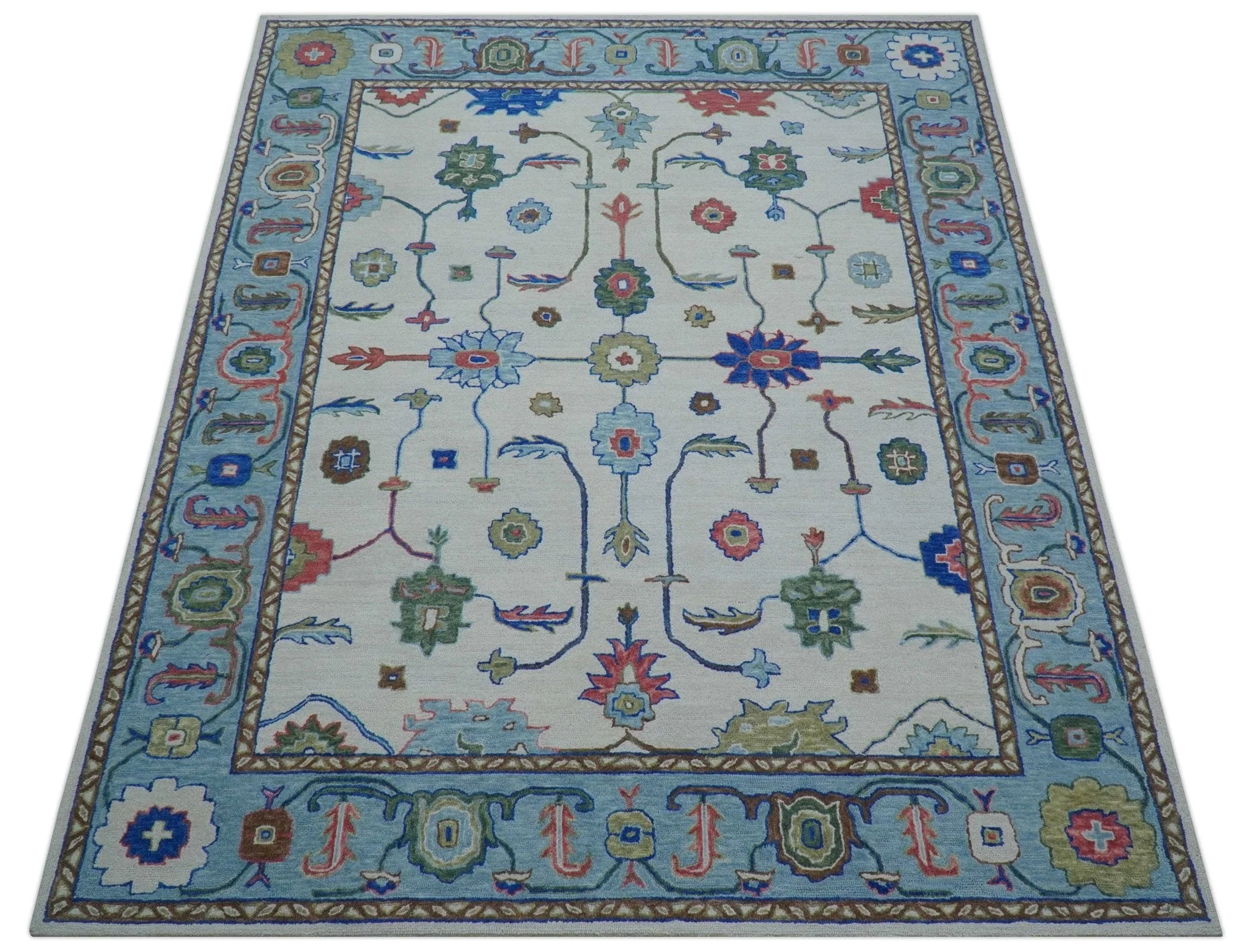 Custom Made Modern Oushak Ivory And Blue Hand Tufted Wool Area Rug - Image 11