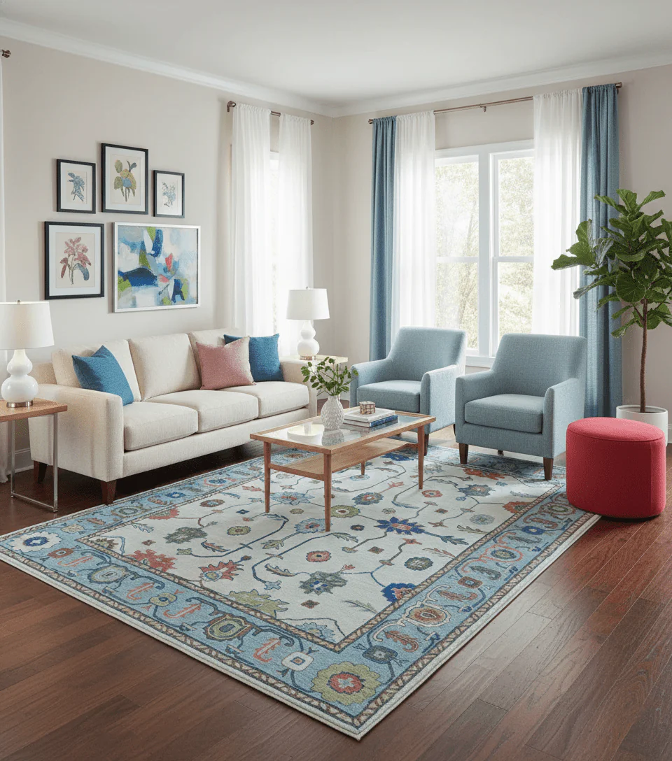 Custom Made Modern Oushak Ivory And Blue Hand Tufted Wool Area Rug - Image 2