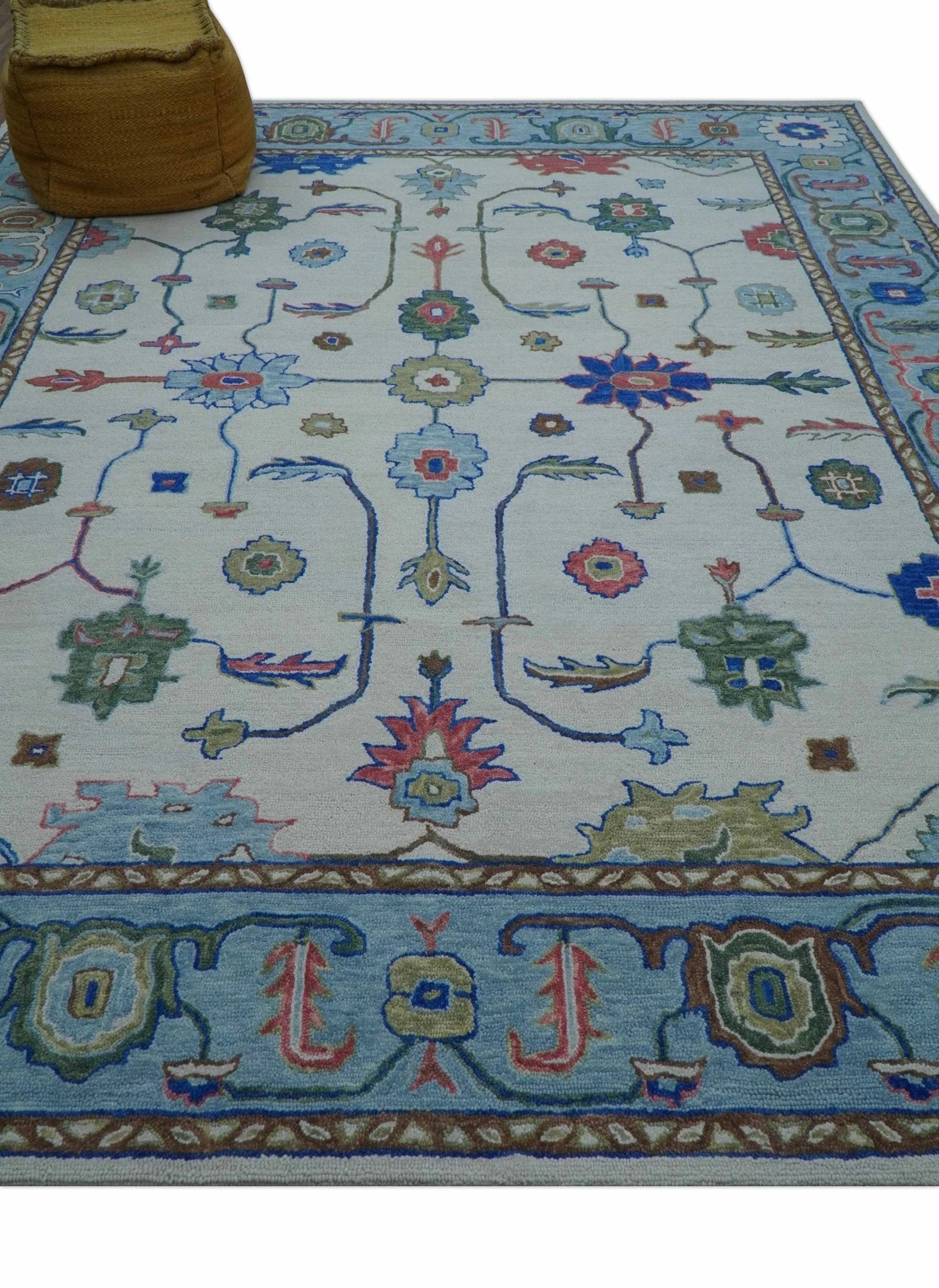 Custom Made Modern Oushak Ivory And Blue Hand Tufted Wool Area Rug - Image 9