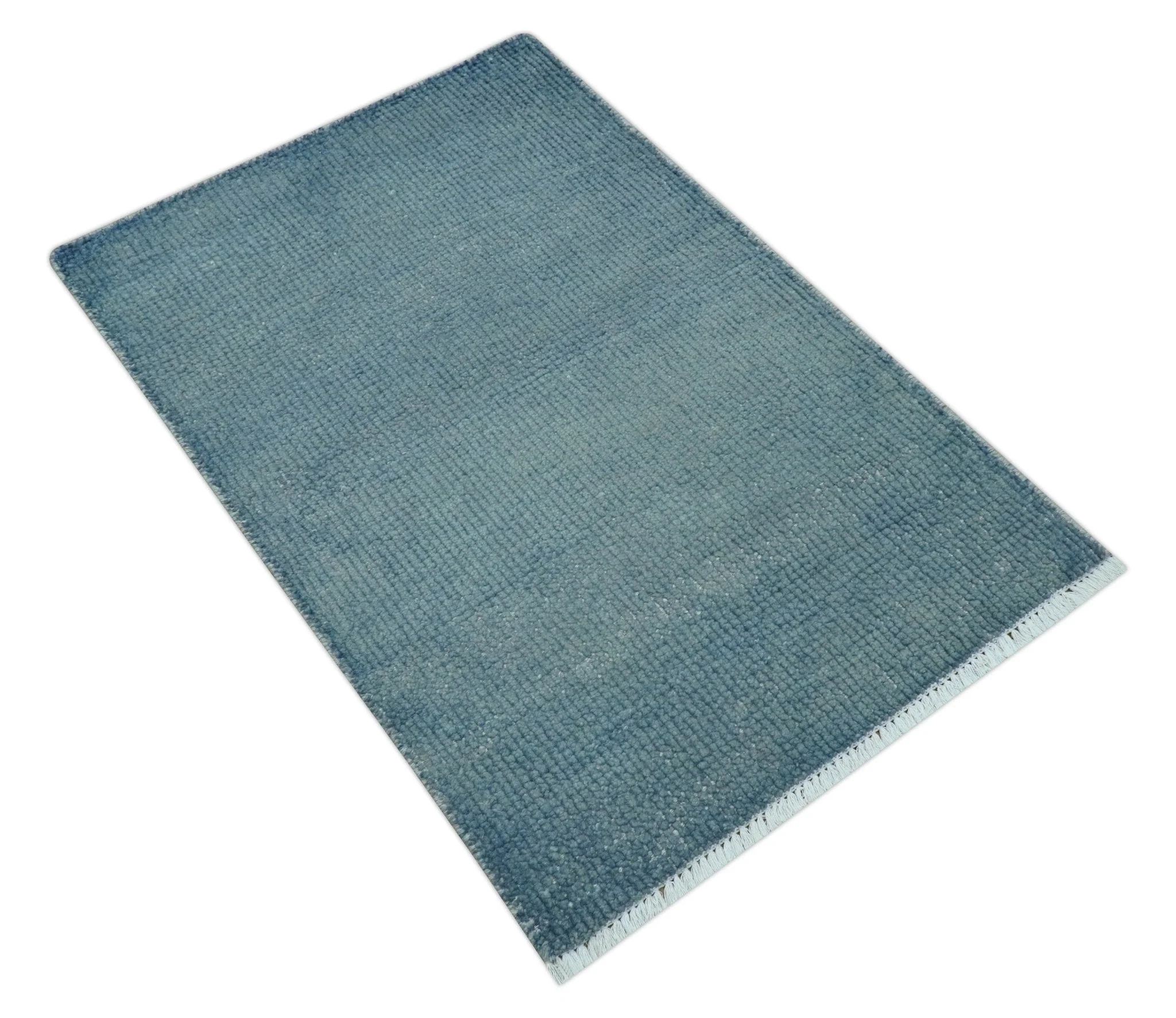 Custom Made Modern Solid Overdyed Light Blue Hand Knotted Wool Area Rug - Image 8