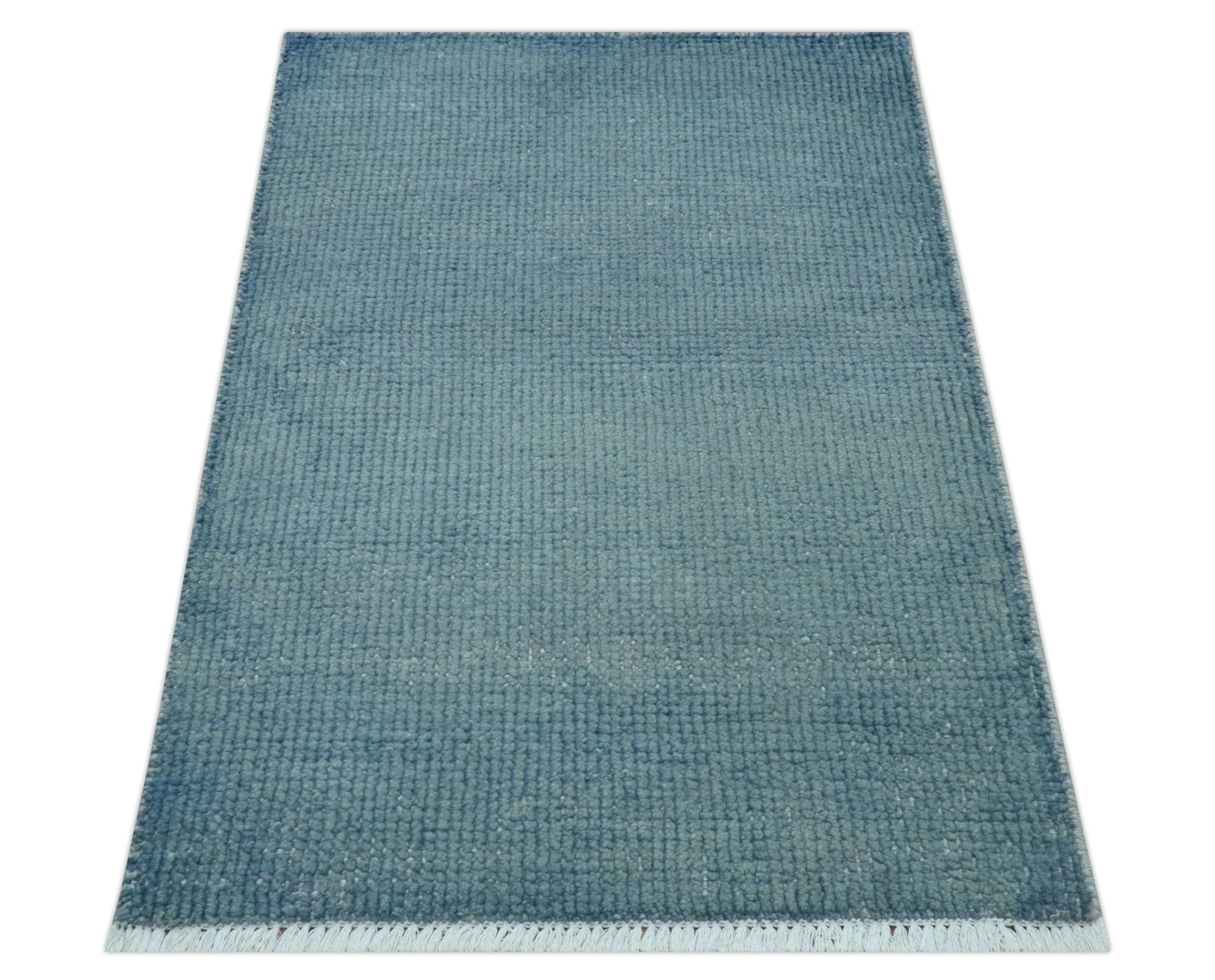 Custom Made Modern Solid Overdyed Light Blue Hand Knotted Wool Area Rug - Image 9