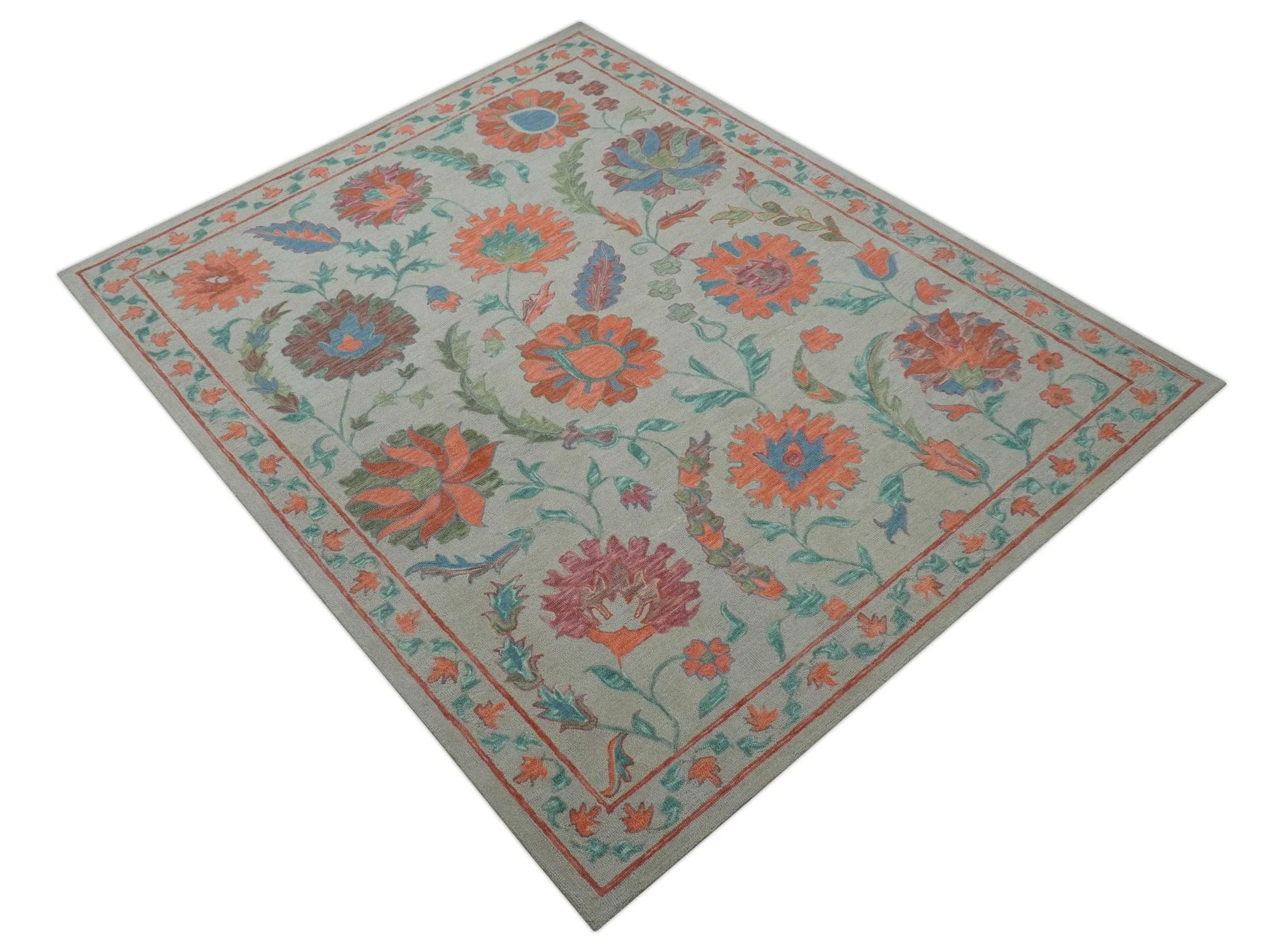 Custom Made Oriental Uzbek Design Floral Beige Hand Tufted Wool Area Rug - Image 11