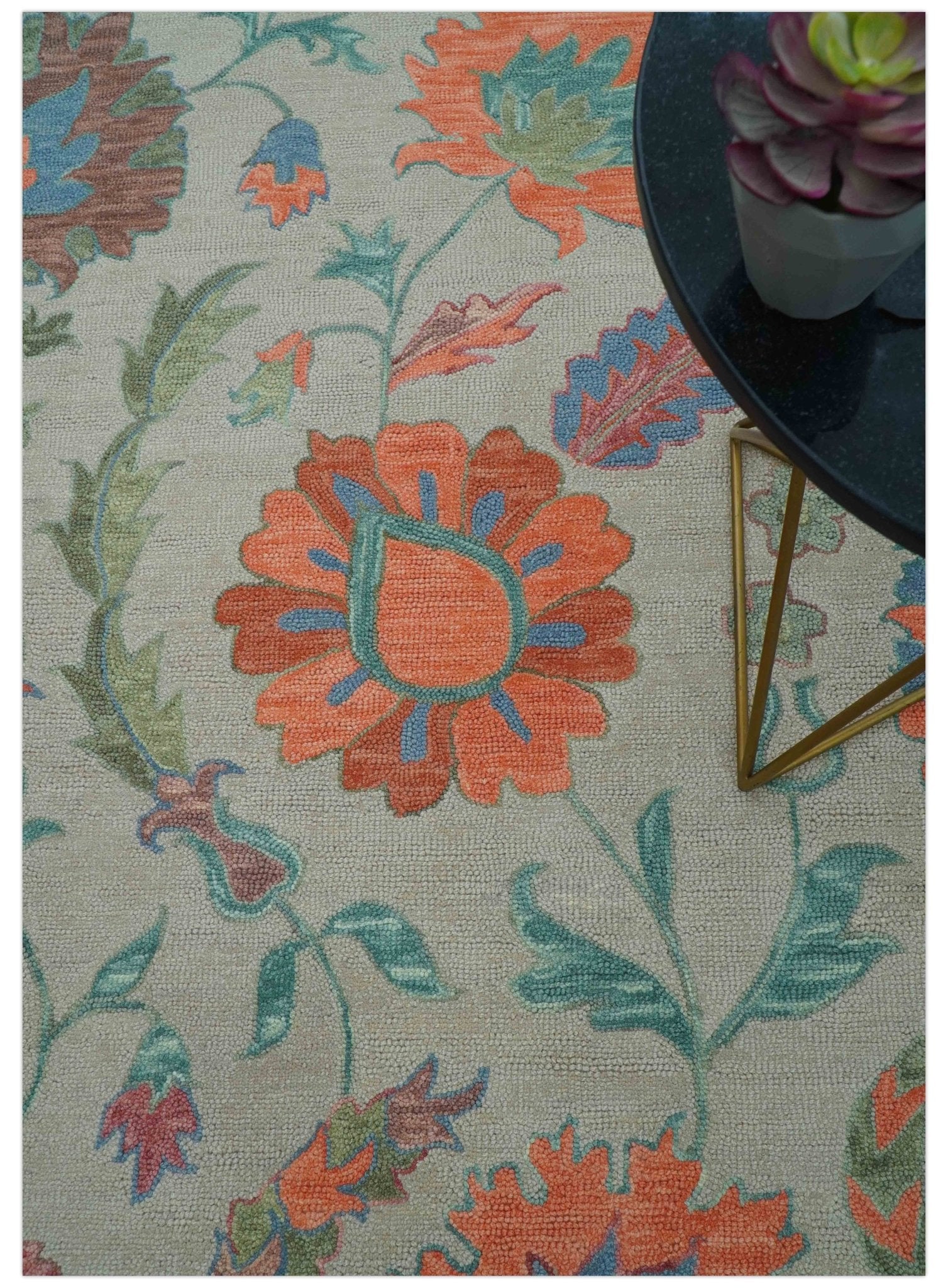 Custom Made Oriental Uzbek Design Floral Beige Hand Tufted Wool Area Rug - Image 3