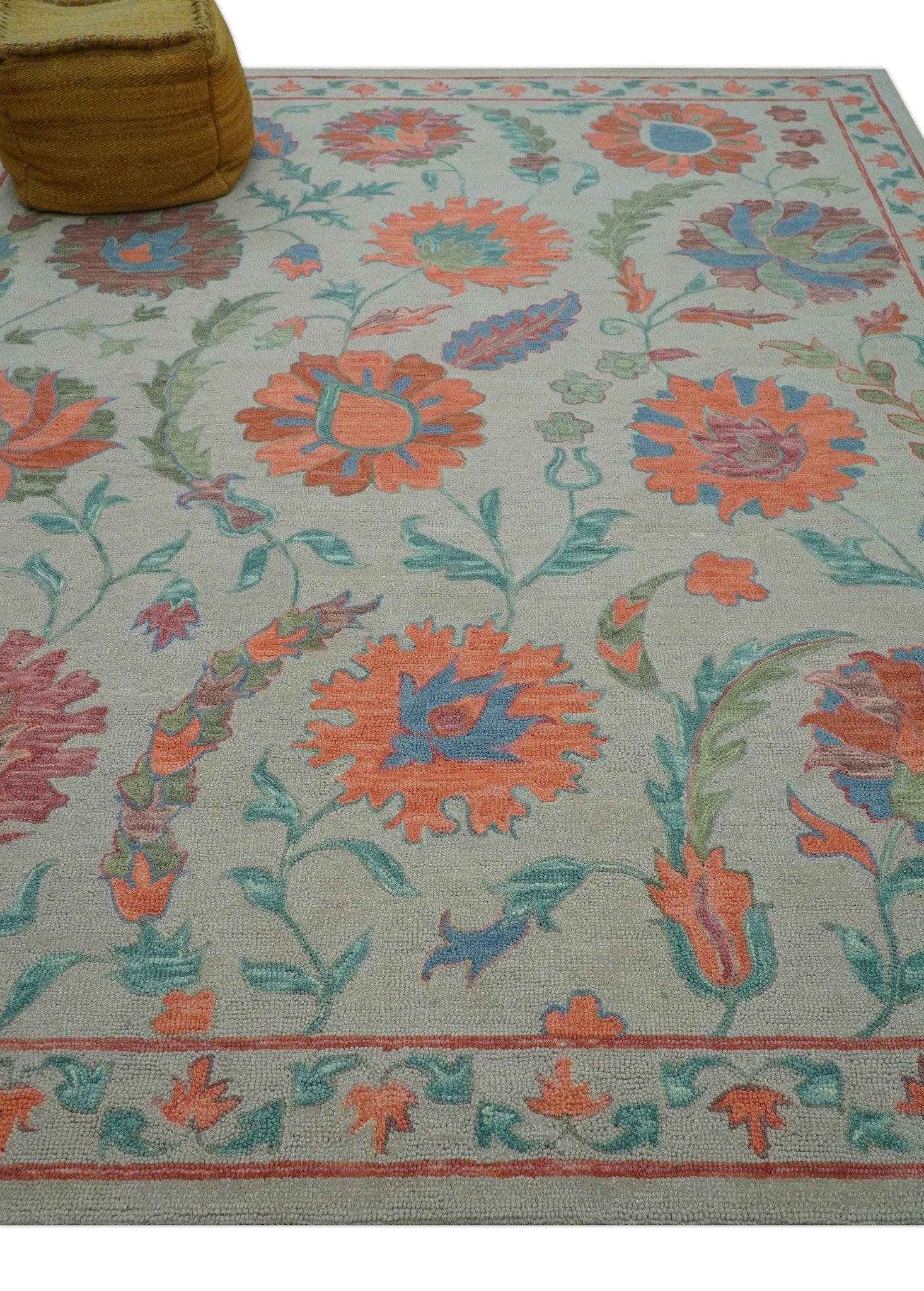 Custom Made Oriental Uzbek Design Floral Beige Hand Tufted Wool Area Rug - Image 9