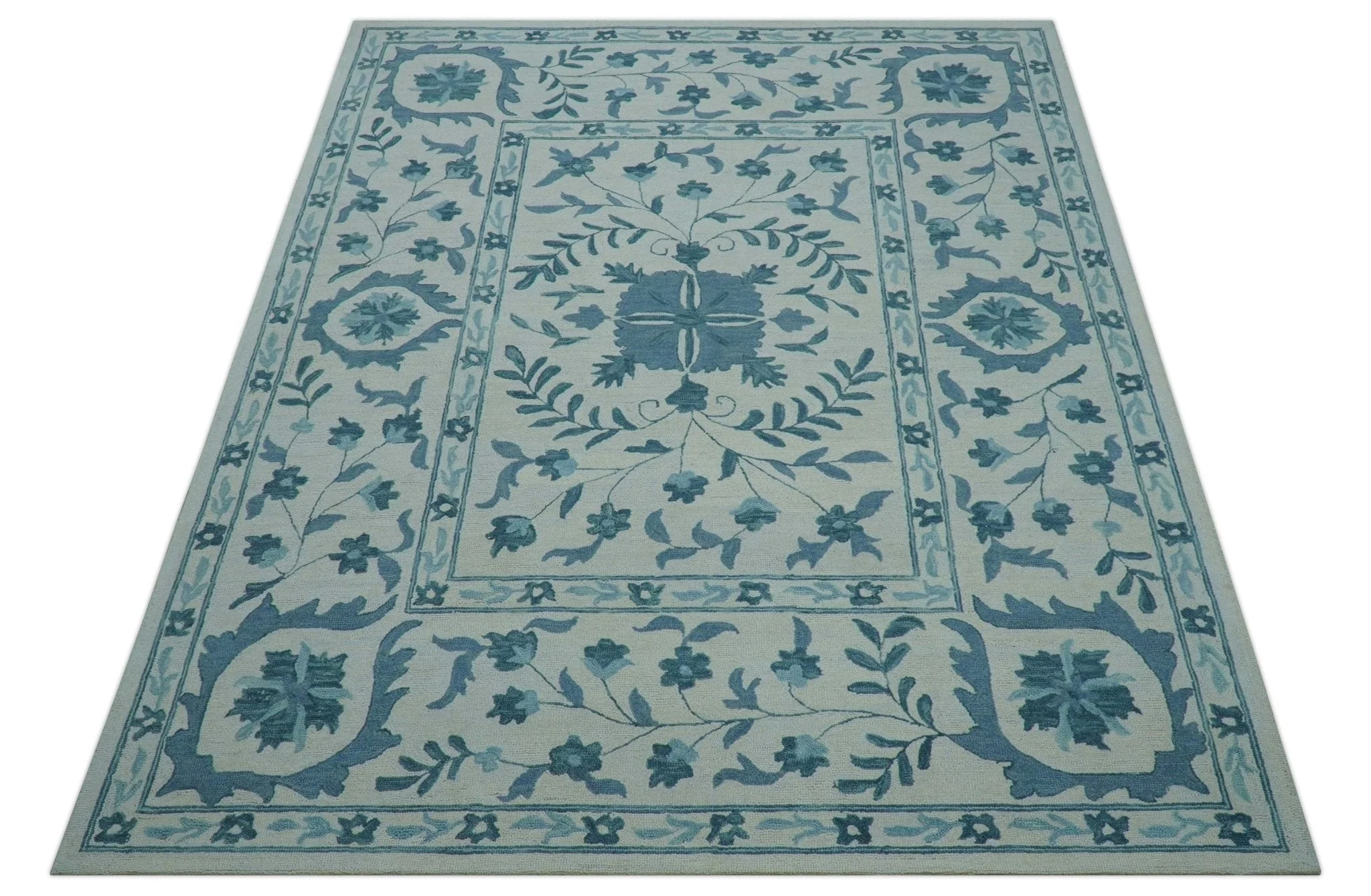 Custom Made Oriental Uzbek Design Floral Ivory And Blue Hand Tufted Wool Rug - Image 10