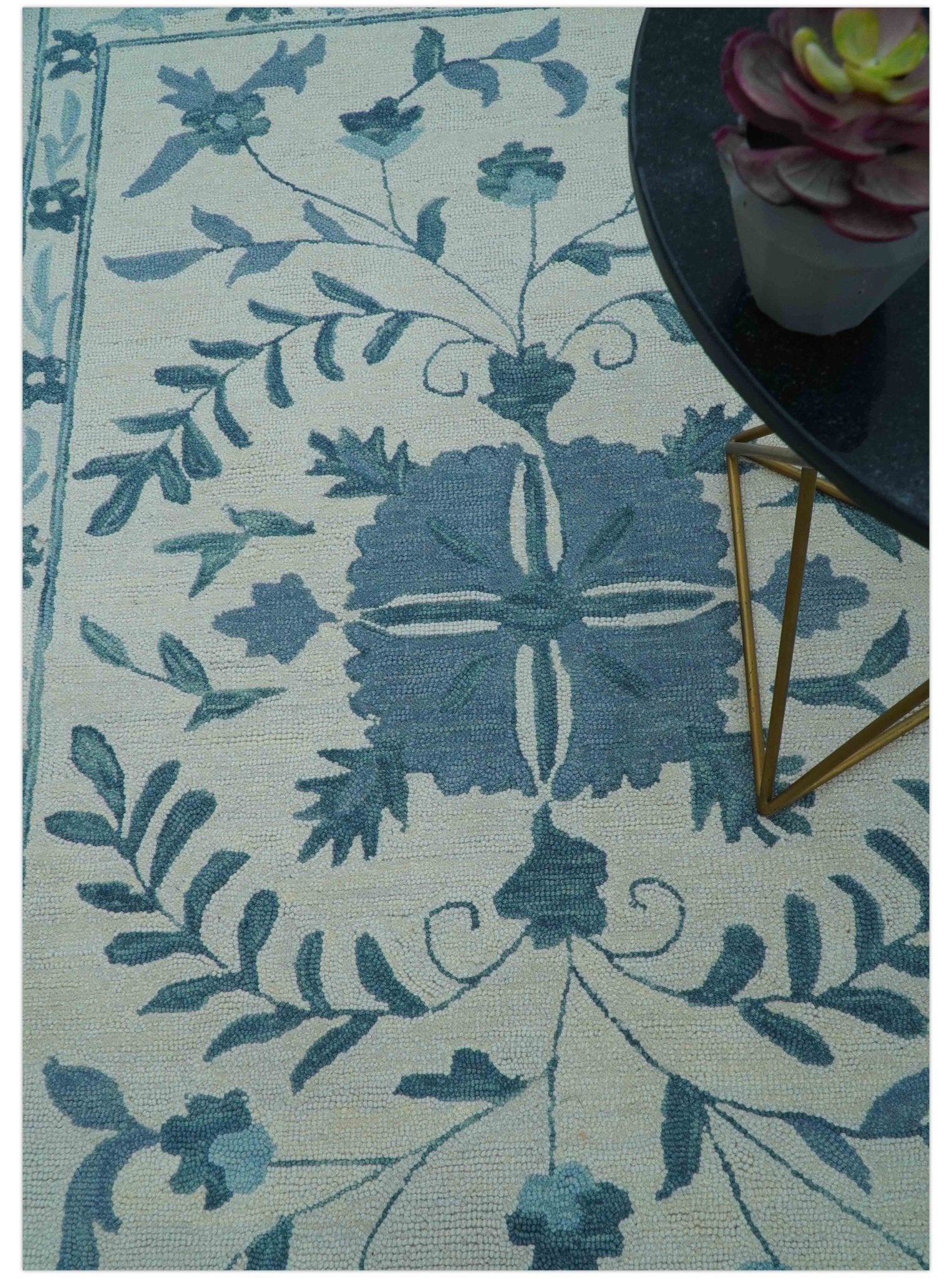 Custom Made Oriental Uzbek Design Floral Ivory And Blue Hand Tufted Wool Rug - Image 3