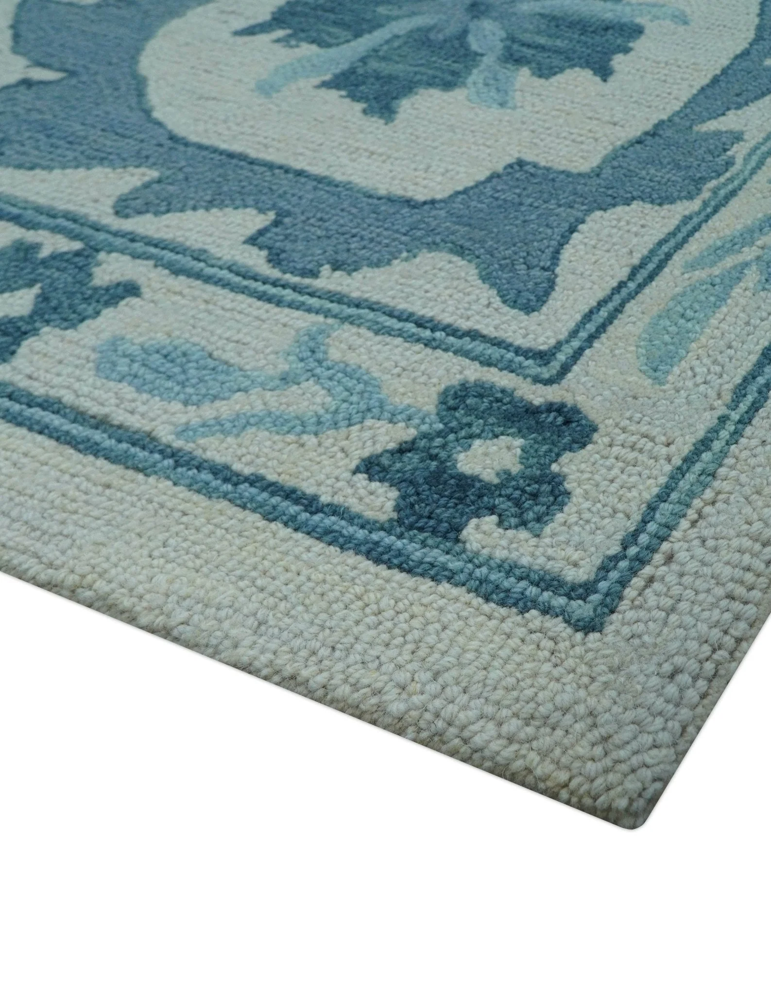 Custom Made Oriental Uzbek Design Floral Ivory And Blue Hand Tufted Wool Rug - Image 5