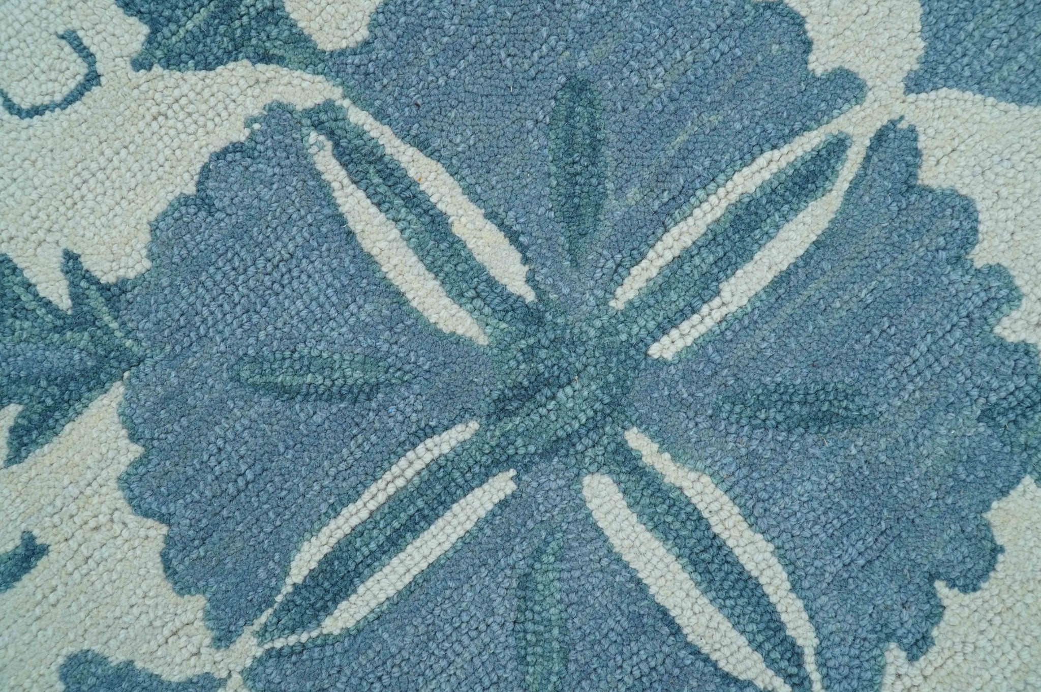 Custom Made Oriental Uzbek Design Floral Ivory And Blue Hand Tufted Wool Rug - Image 7