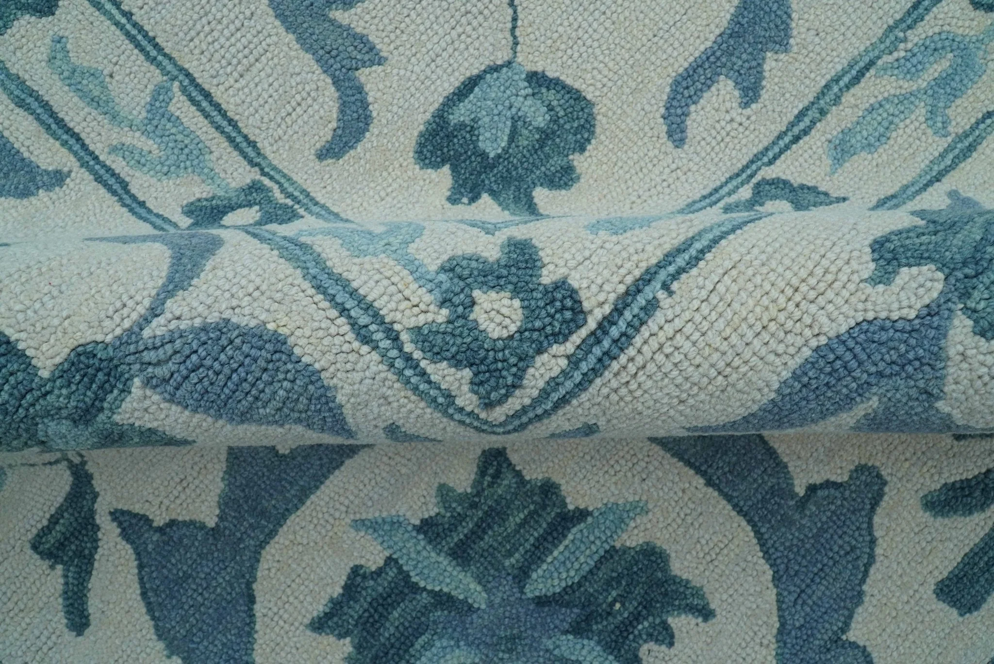 Custom Made Oriental Uzbek Design Floral Ivory And Blue Hand Tufted Wool Rug - Image 8