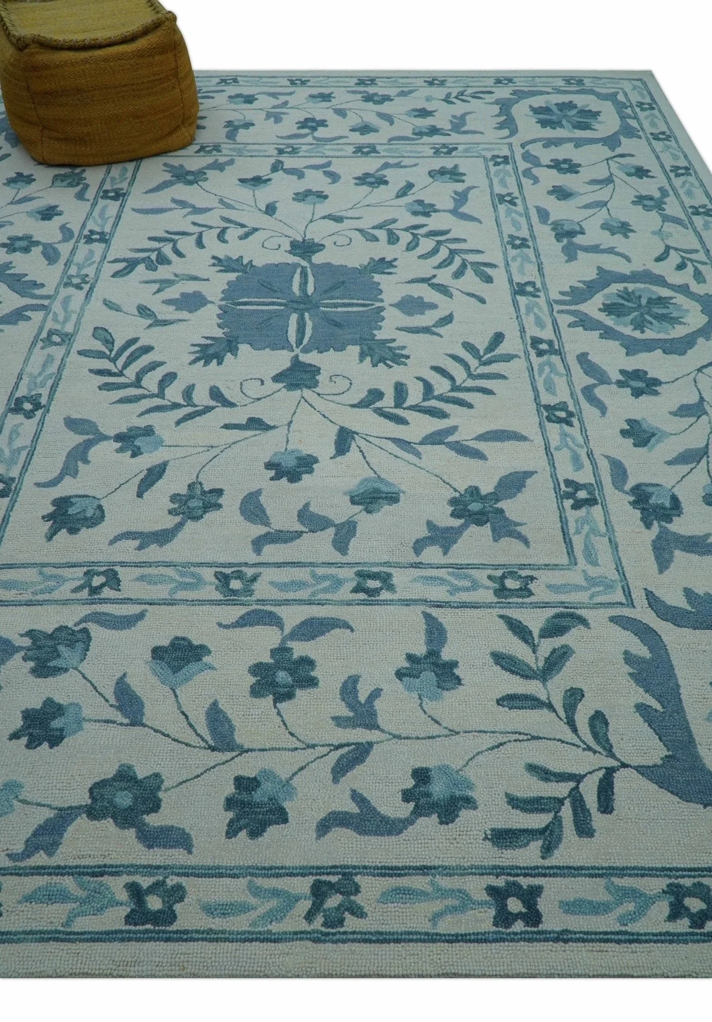 Custom Made Oriental Uzbek Design Floral Ivory And Blue Hand Tufted Wool Rug - Image 9