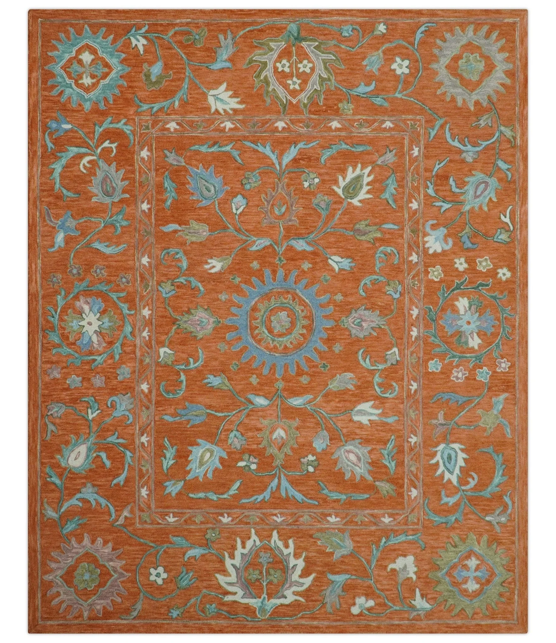 Custom Made Oriental Uzbek Design Floral Rust Hand Tufted Wool Area Rug