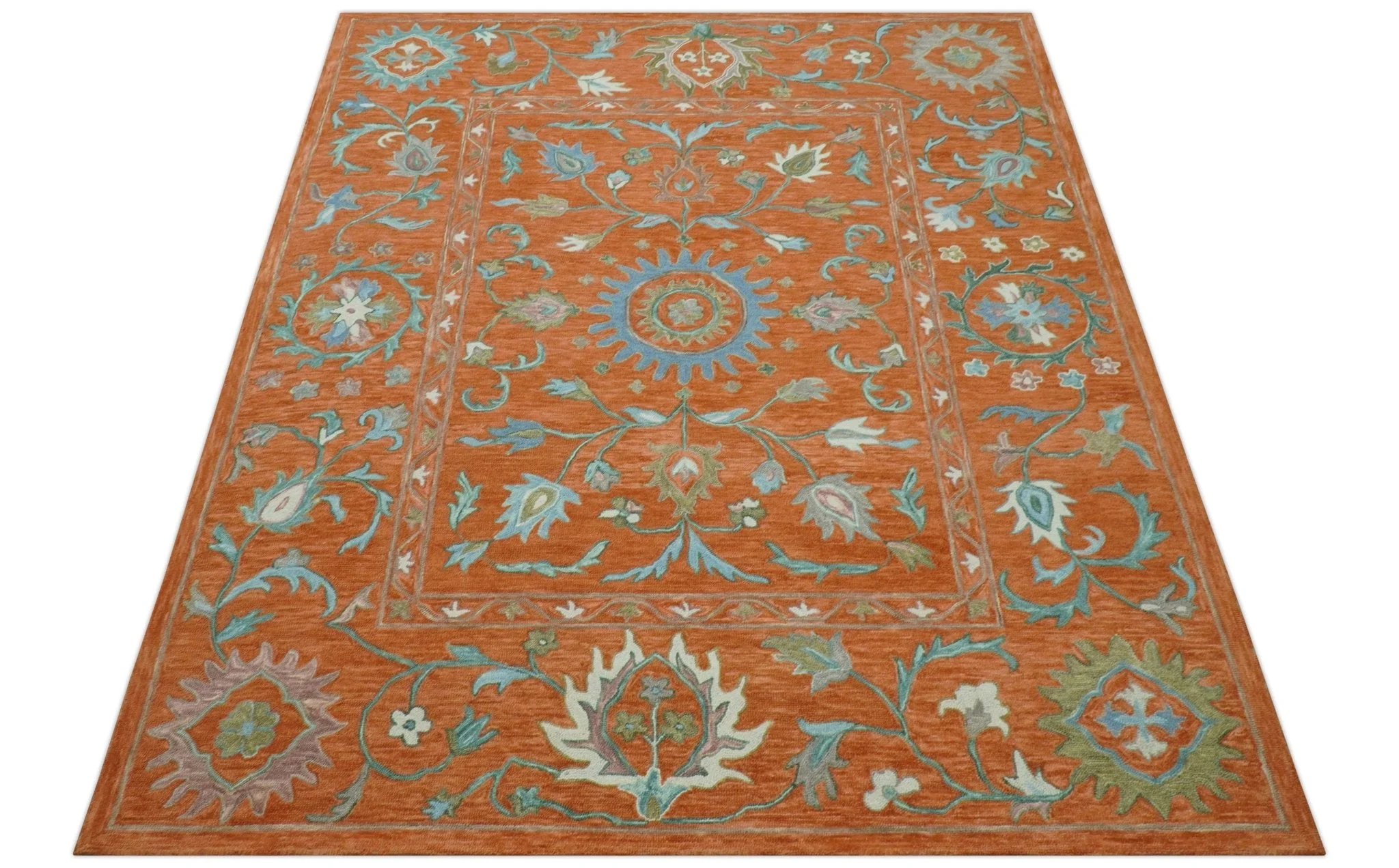Custom Made Oriental Uzbek Design Floral Rust Hand Tufted Wool Area Rug - Image 10